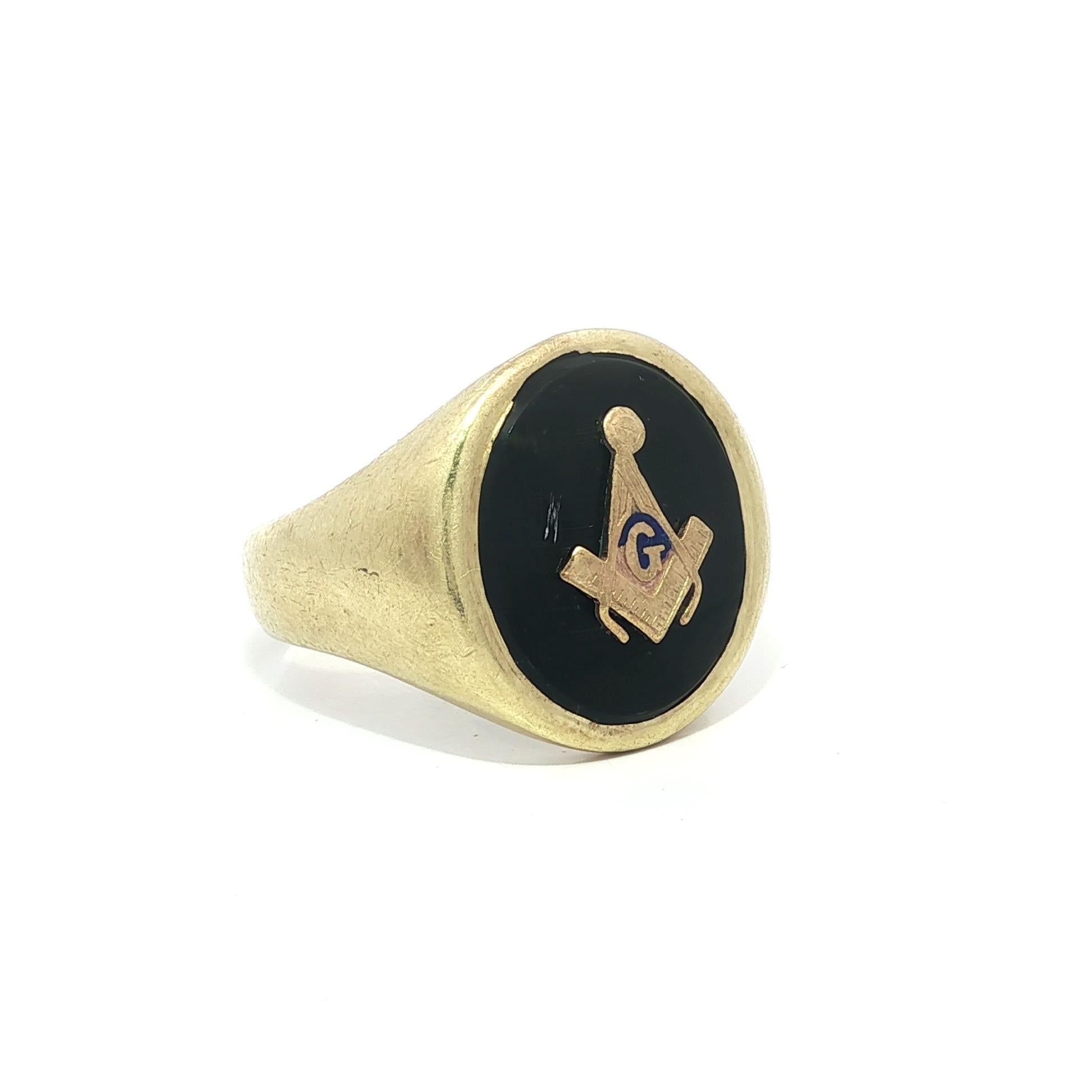 Uomo Anello massonico Larter & Sons in oro giallo 14k con onice nero, antico Art Nouveau in vendita