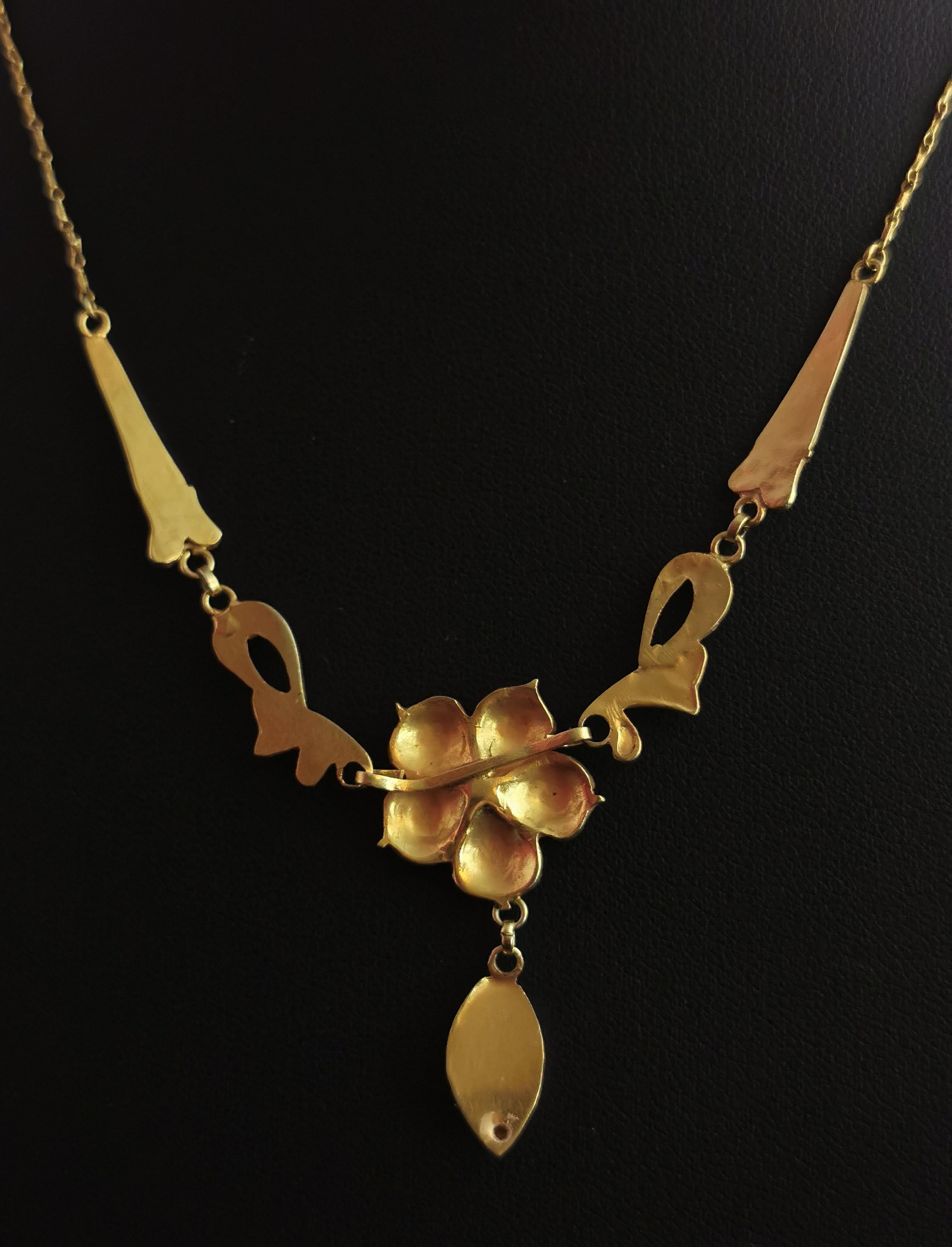Antique Art Nouveau Lavalier Necklace, Floral, 22 Karat Yellow Gold 8