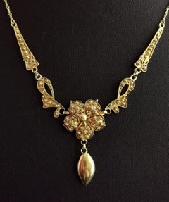Antique Art Nouveau Lavalier Necklace, Floral, 22 Karat Yellow Gold