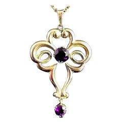Antique Art Nouveau Lavalier Pendant, 9 Karat Yellow Gold and Amethyst