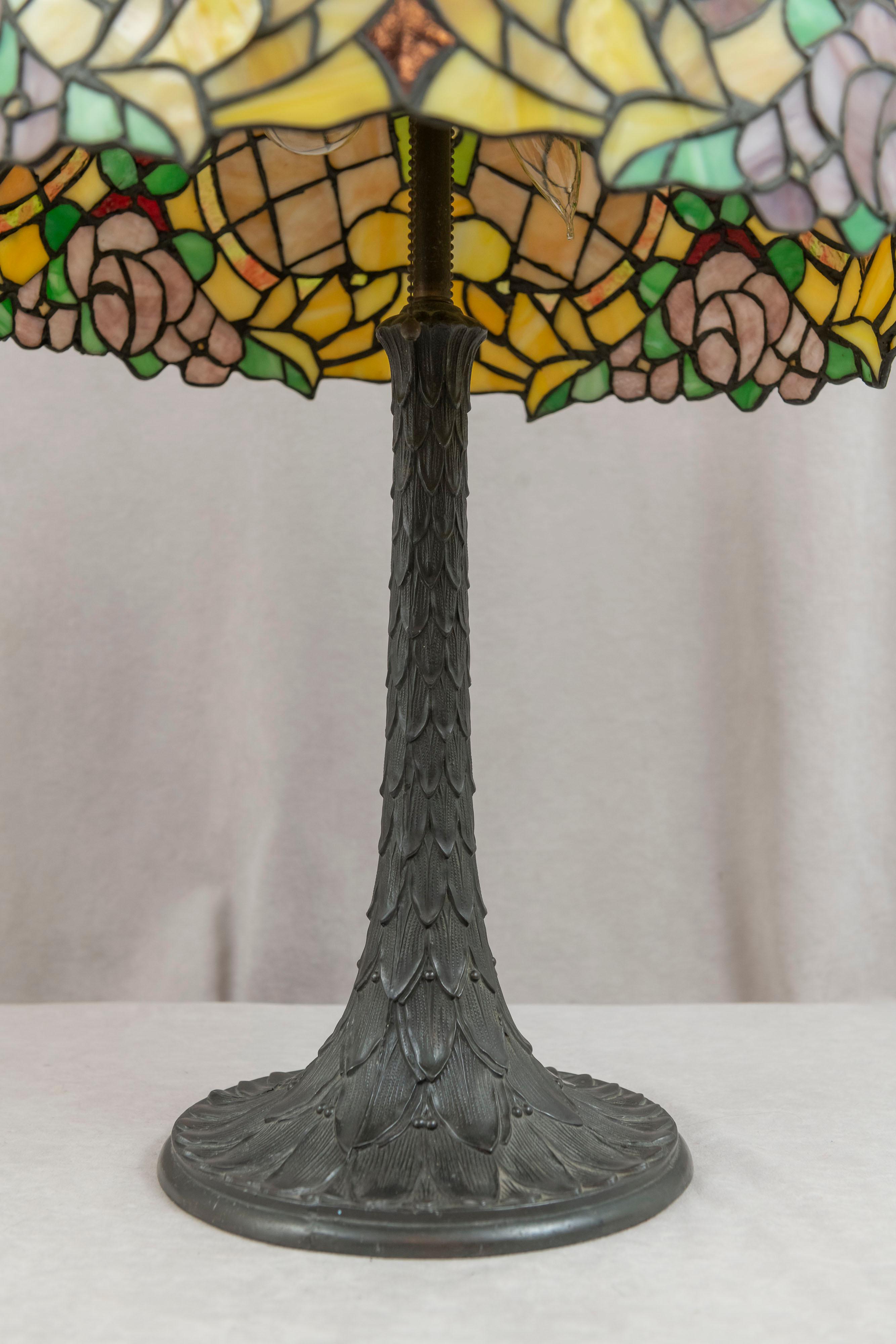Metal Antique Art Nouveau Leaded Glass Table Lamp by Chicago Mosaic, ca. 1910 For Sale