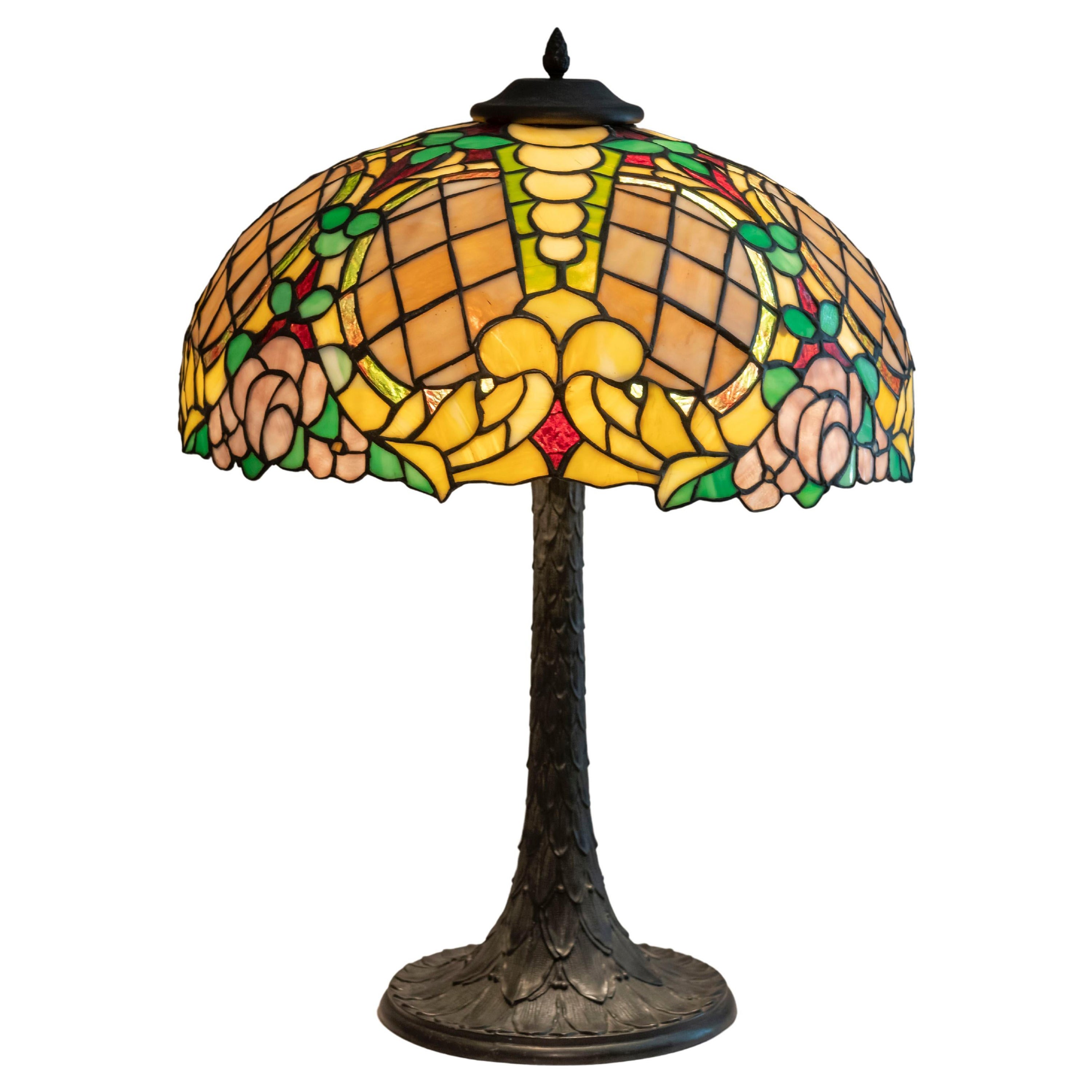 Antique Art Nouveau Leaded Glass Table Lamp by Chicago Mosaic, ca. 1910