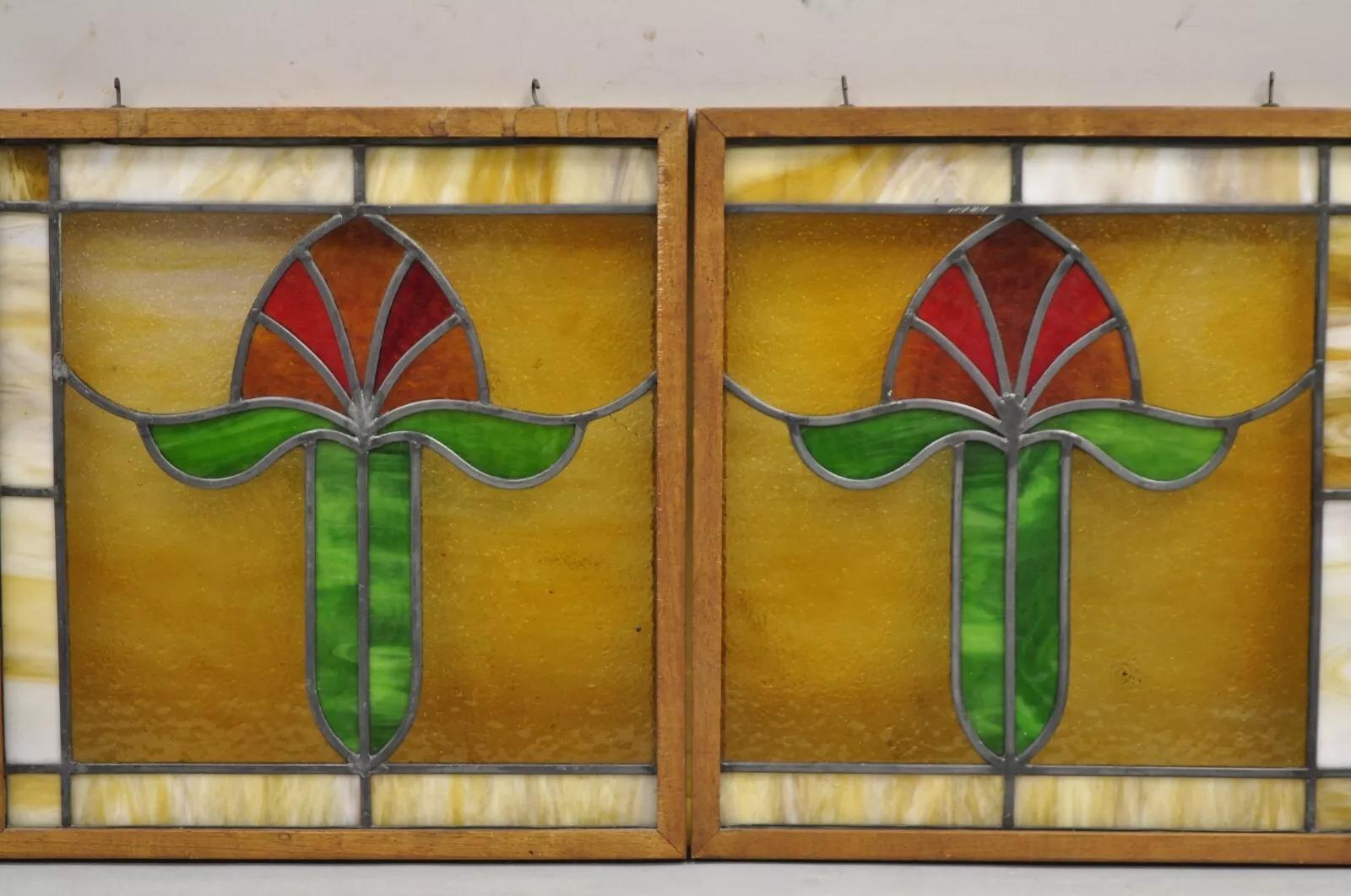 Antiguo Art Nouveau Vidrieras emplomadas Rojo Verde Flor pequeñas ventanas - un par 3