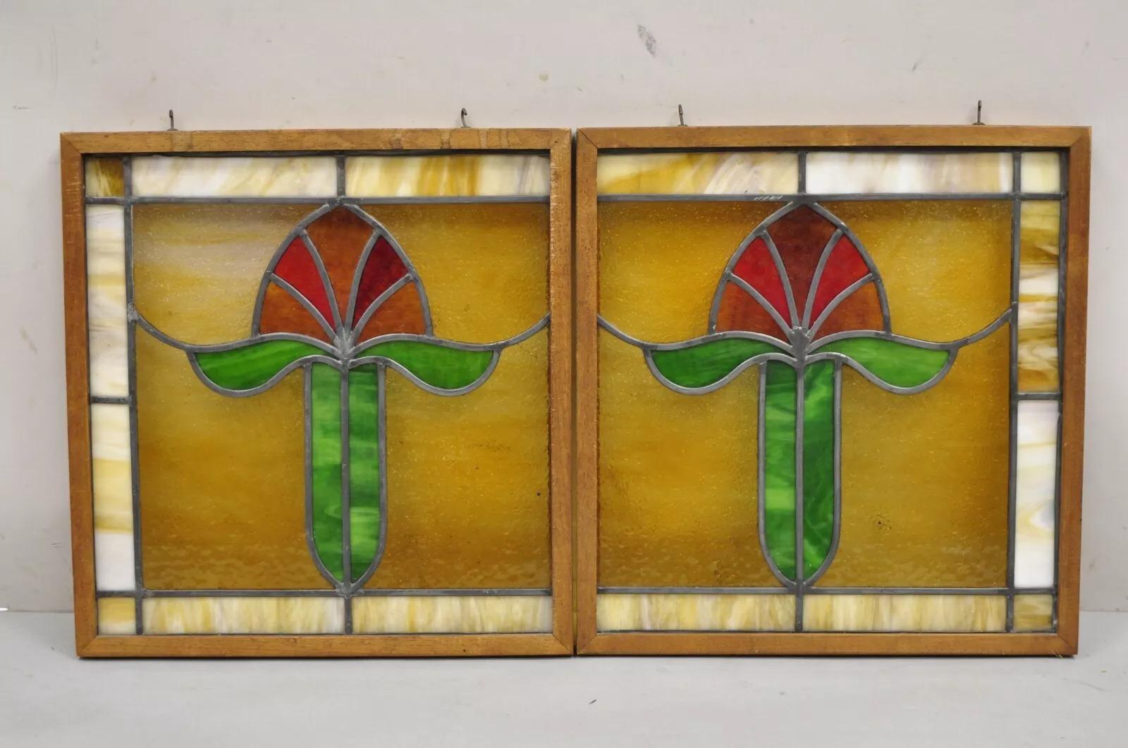 Antiguo Art Nouveau Vidrieras emplomadas Rojo Verde Flor pequeñas ventanas - un par 5