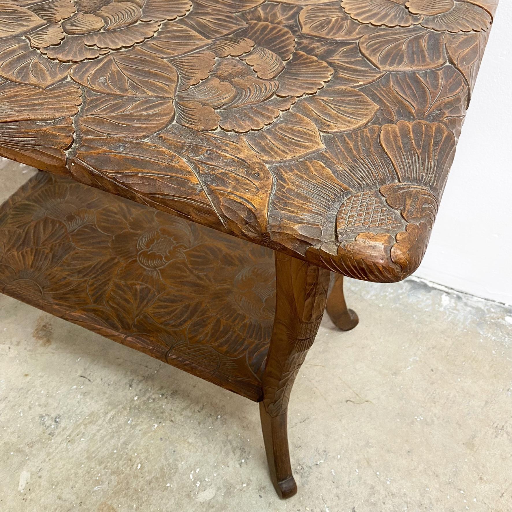 Wood Antique Art Nouveau Liberty and Co Japanese Hand Carved Side Table 