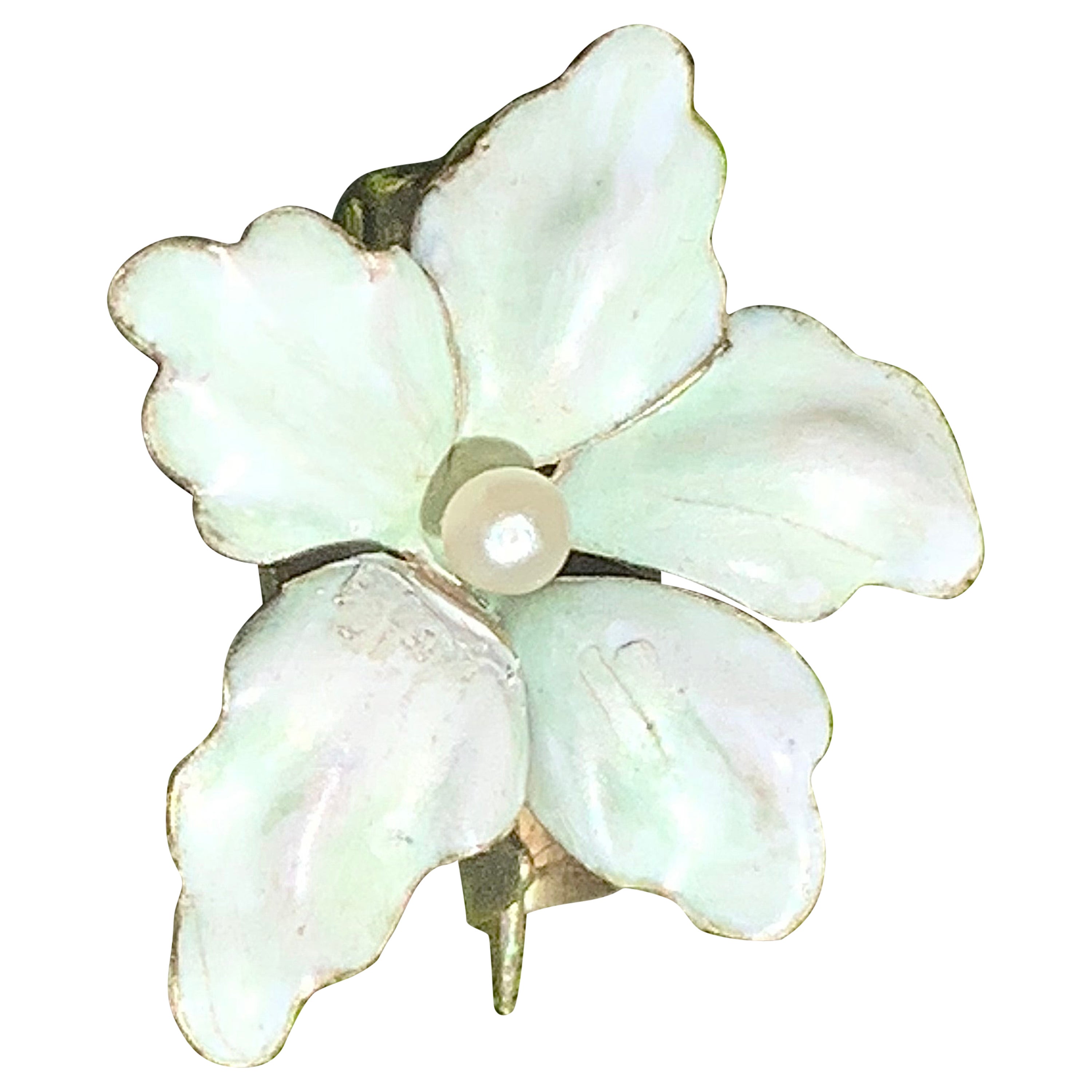Antike Jugendstil Lilienbrosche 14 Karat Gelbgold Emaille Perle