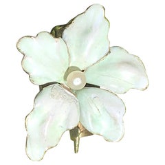 Antique Art Nouveau Lily Brooch 14 Karat Yellow Gold Enamel Pearl