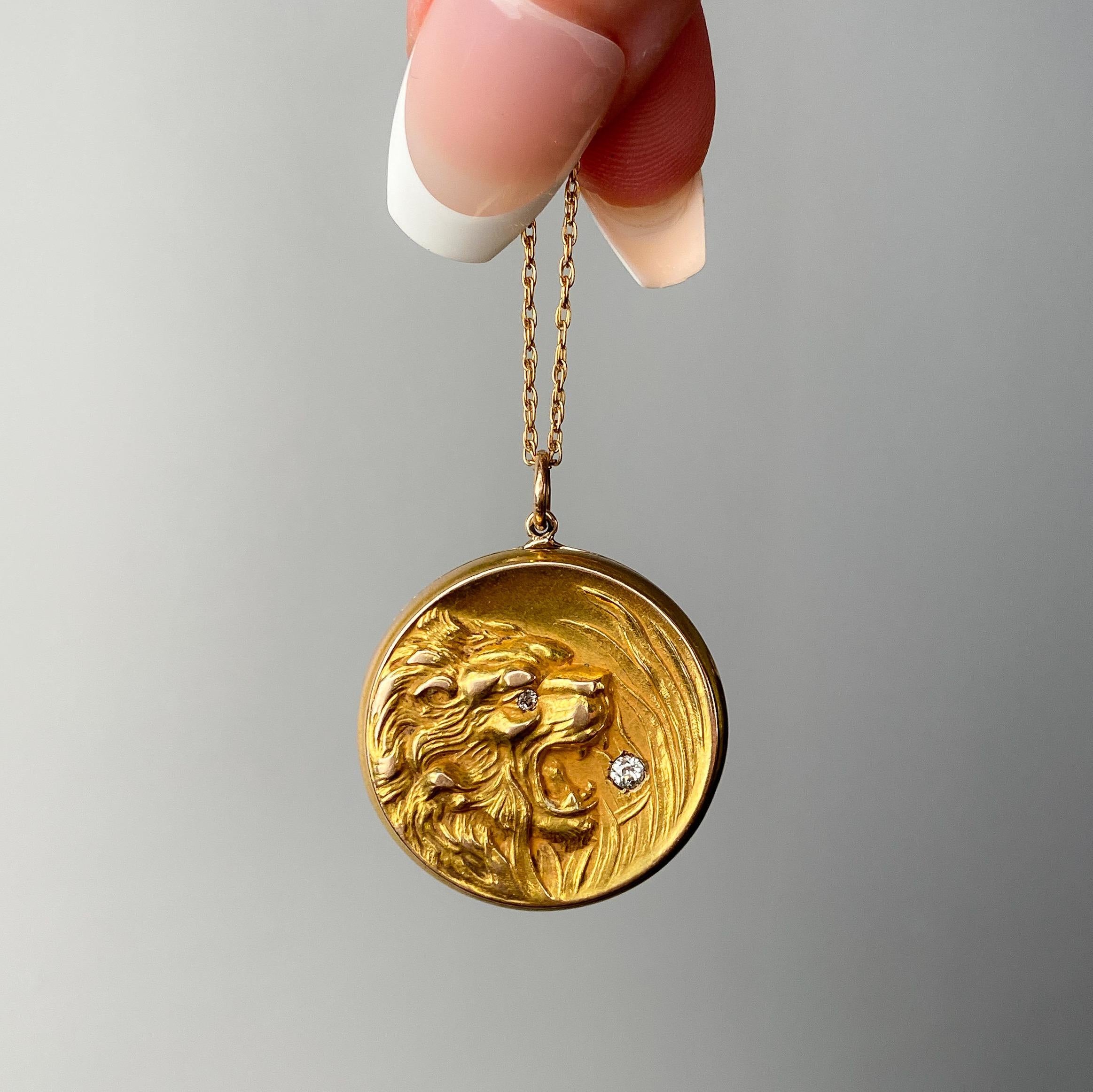 Women's Antique Art Nouveau Lion Locket of 10k Gold For Sale