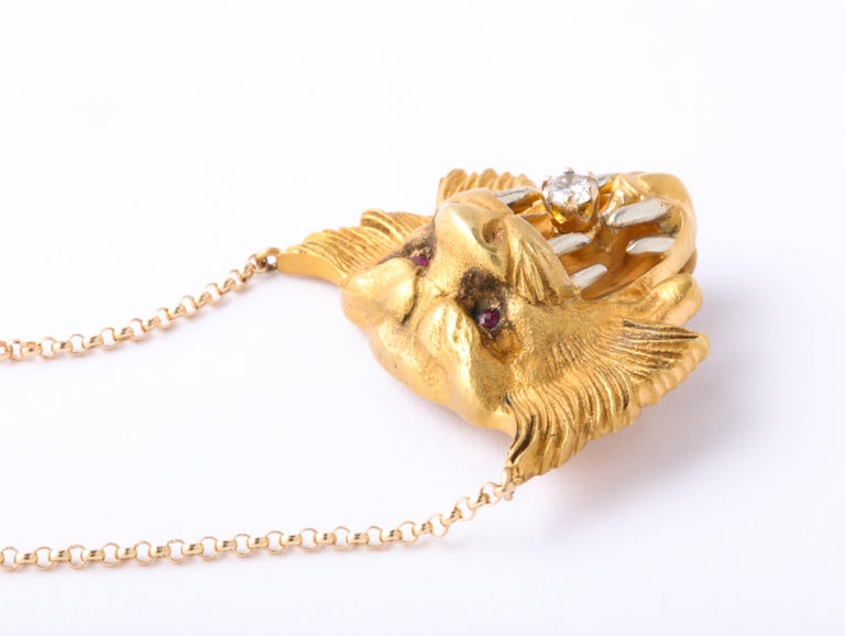 Round Cut Antique Art Nouveau Lion Necklace with Diamond and Ruby For Sale