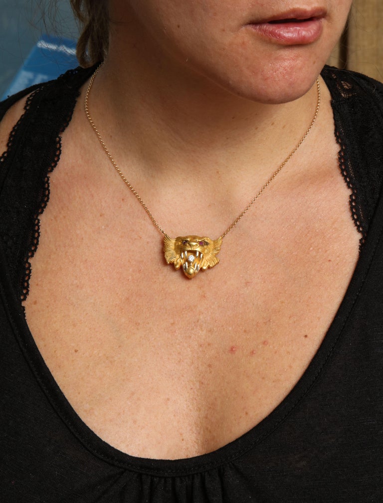 Women's or Men's Antique Art Nouveau Lion Necklace with Diamond and Ruby For Sale