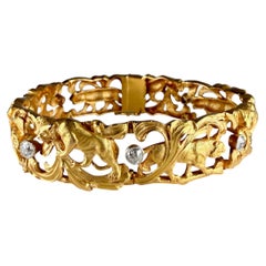 Antique Art Nouveau Lioness Old European Cut Diamond Bracelet 18k Yellow Gold