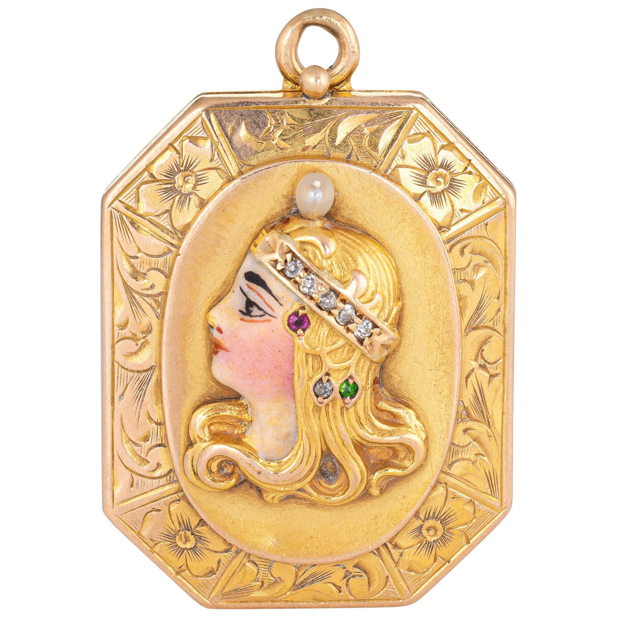 Antique Art Nouveau Locket 14k Yellow Gold Woman Enamel Diamond Pendant Jewelry