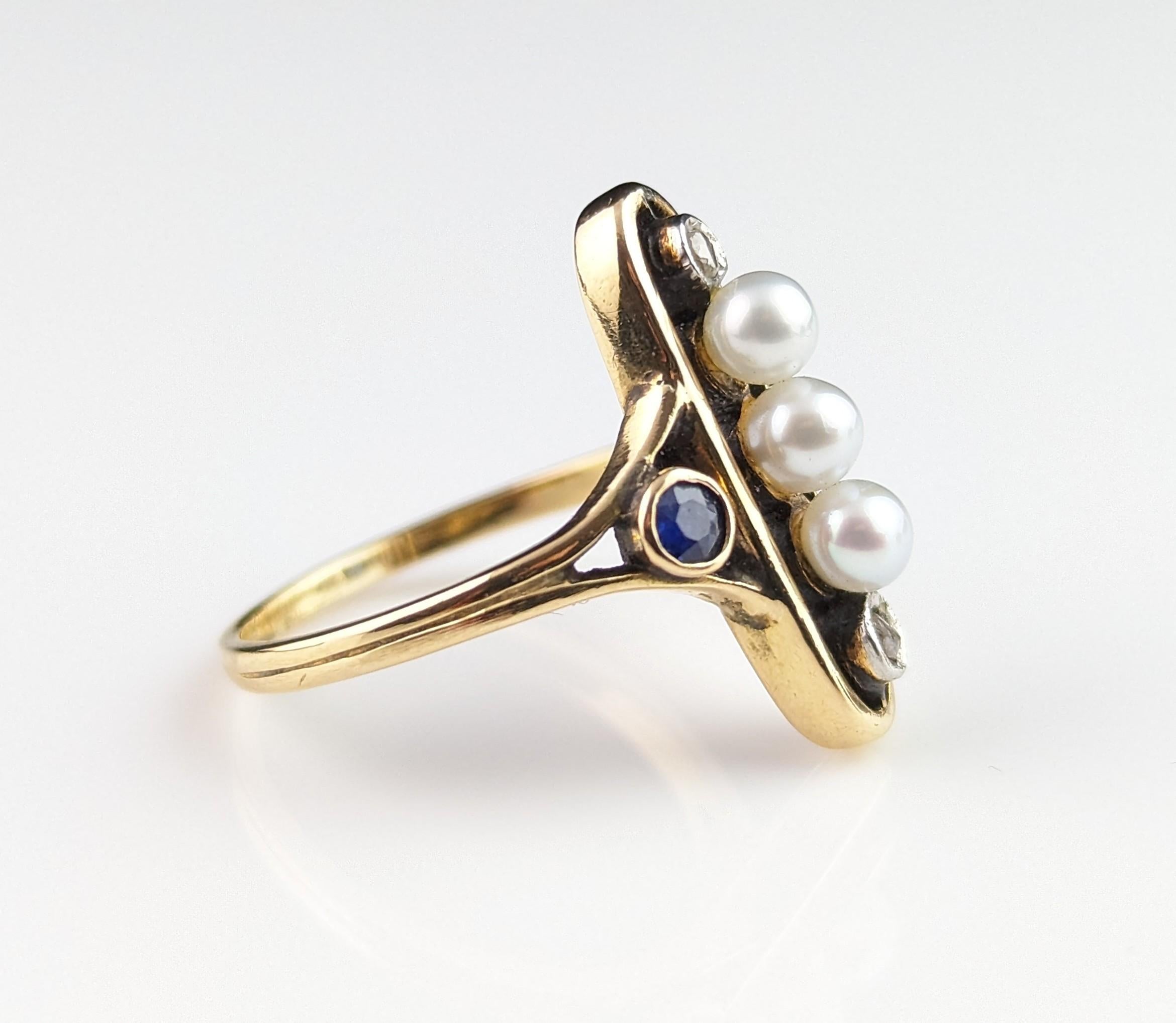 Antique Art Nouveau lozenge ring, Sapphire, Diamond and pearl, 18k gold  For Sale 5