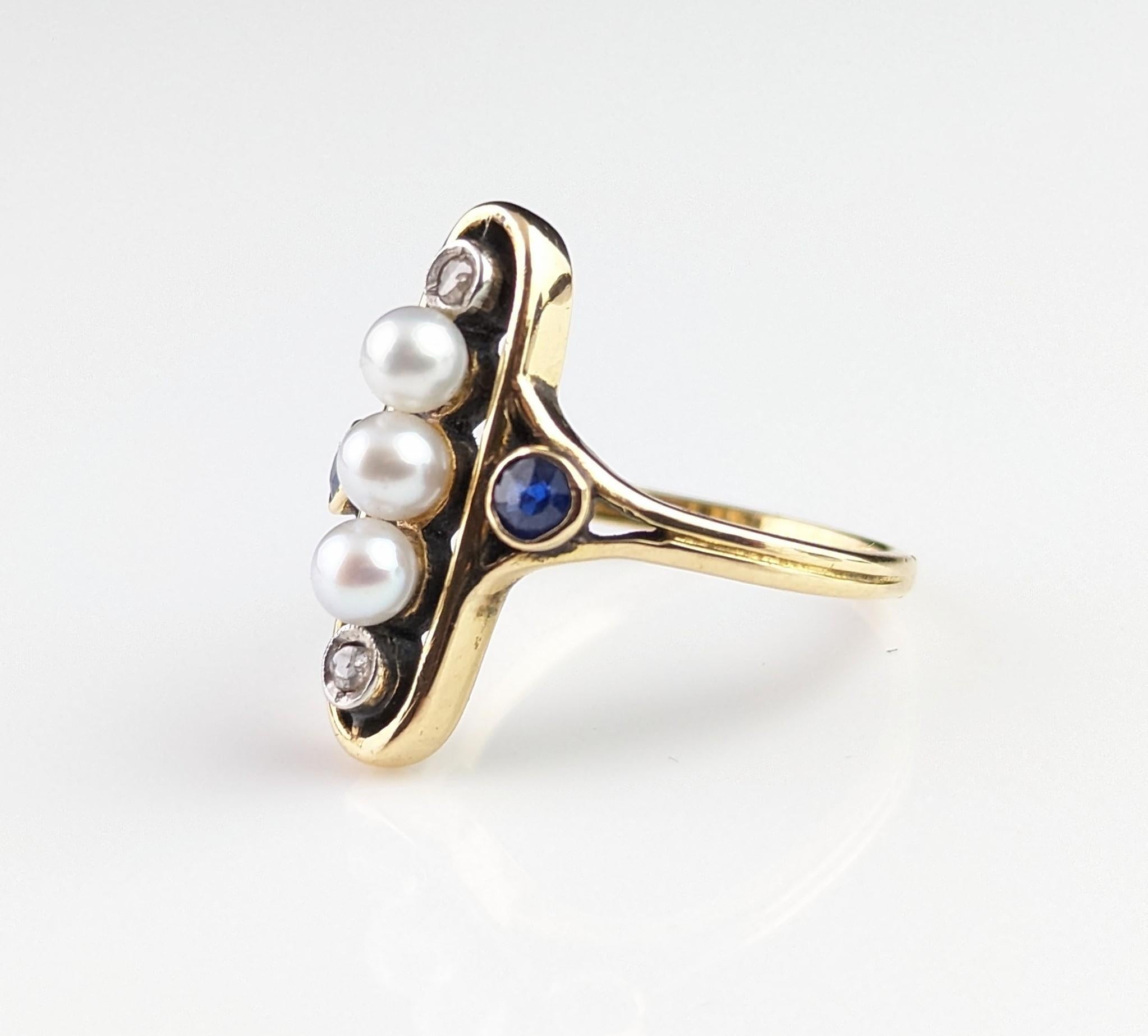 Antique Art Nouveau lozenge ring, Sapphire, Diamond and pearl, 18k gold  For Sale 6
