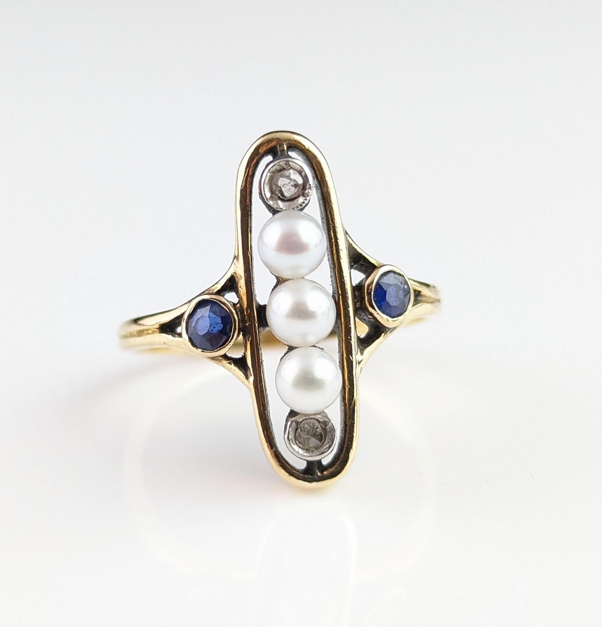 Antique Art Nouveau lozenge ring, Sapphire, Diamond and pearl, 18k gold  For Sale 7