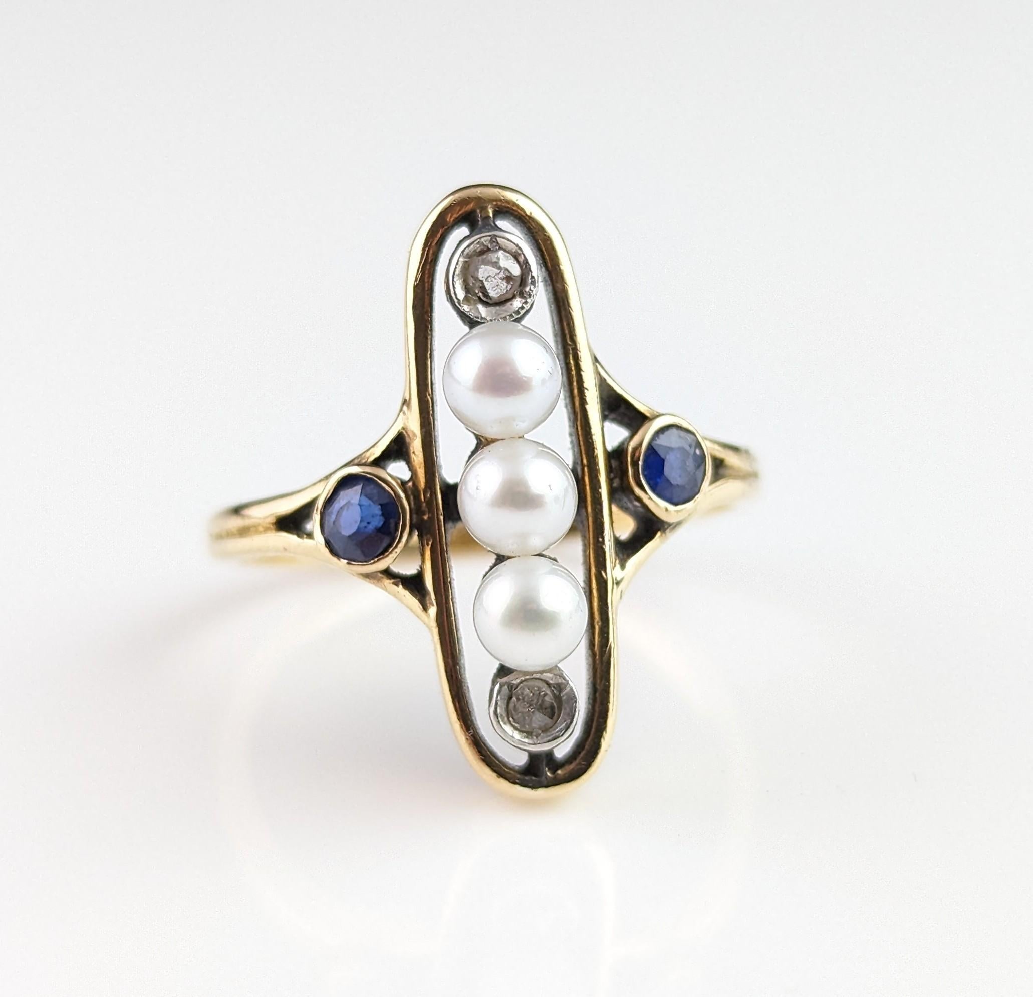 Antique Art Nouveau lozenge ring, Sapphire, Diamond and pearl, 18k gold  For Sale 8