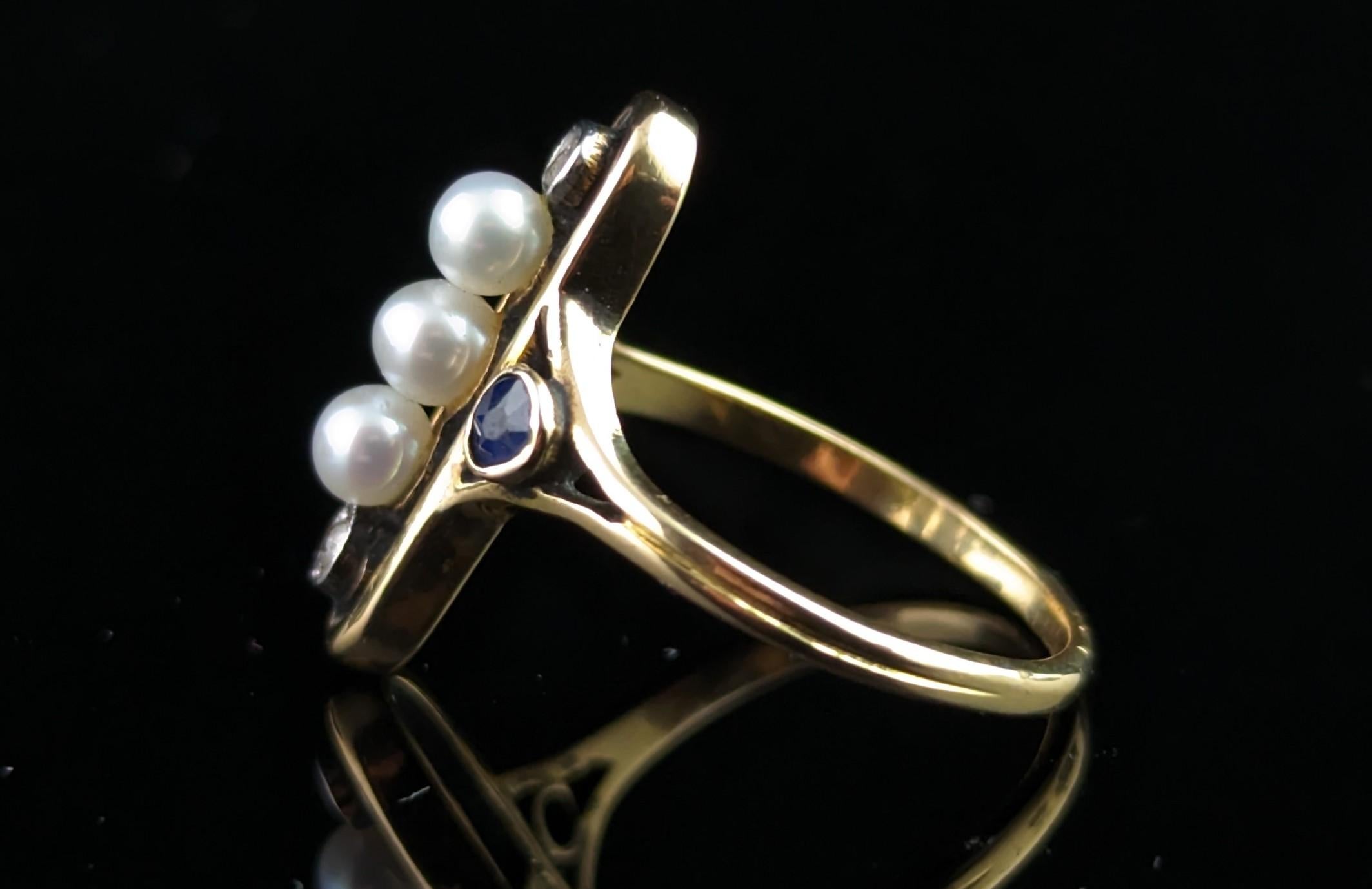 Antique Art Nouveau lozenge ring, Sapphire, Diamond and pearl, 18k gold  For Sale 1