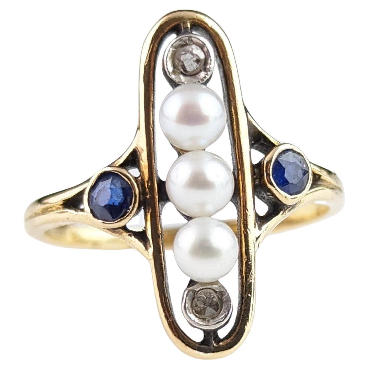 Antique Art Nouveau lozenge ring, Sapphire, Diamond and pearl, 18k gold 