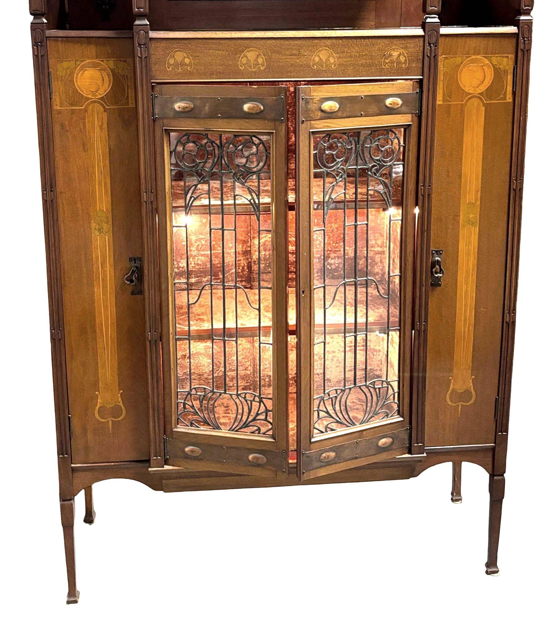 Late 19th Century Antique Art Nouveau Mahogany and Floral Marquetry Display Cabinet For Sale