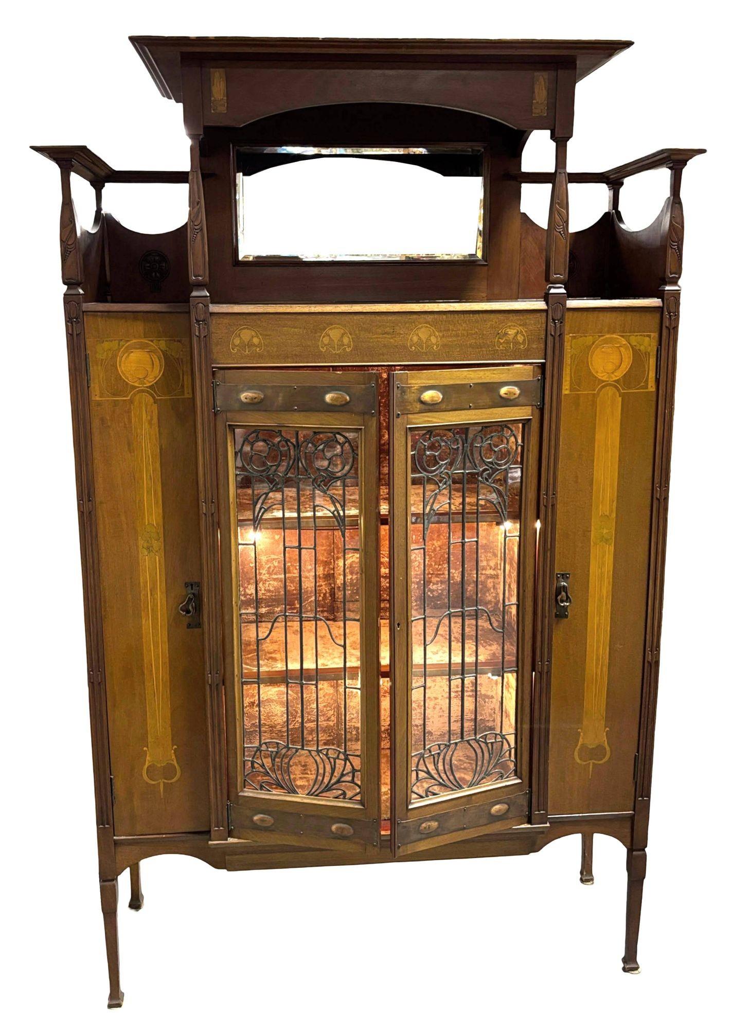 Glass Antique Art Nouveau Mahogany and Floral Marquetry Display Cabinet For Sale