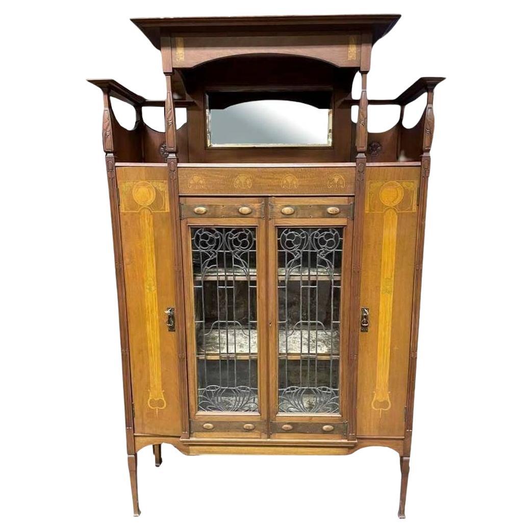 Antique Art Nouveau Mahogany and Floral Marquetry Display Cabinet