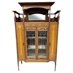 Antique Art Nouveau Mahogany and Floral Marquetry Display Cabinet
