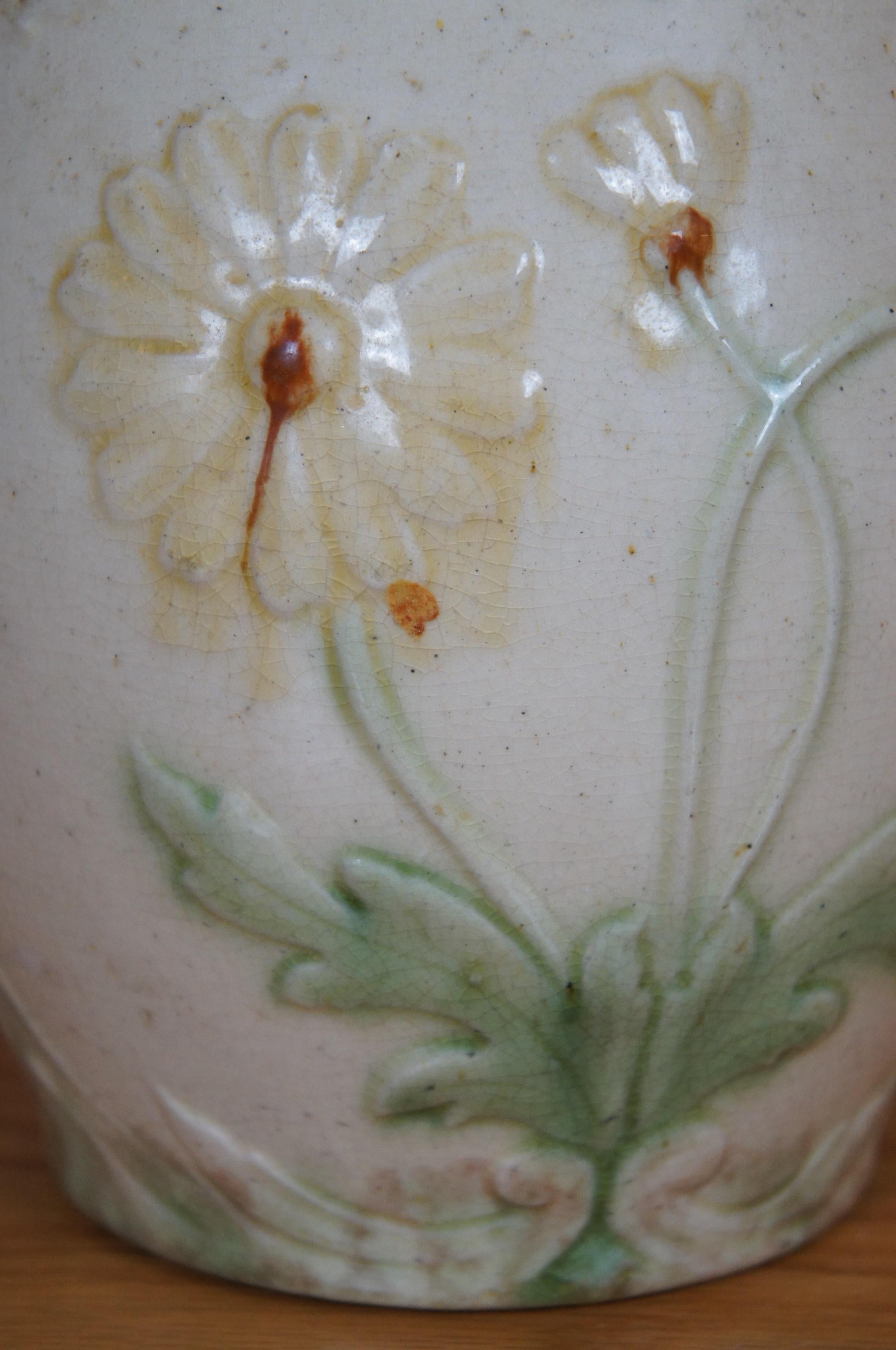Antique Art Nouveau Majolica Green Man Face & Daisies Water Jug Pitcher 9