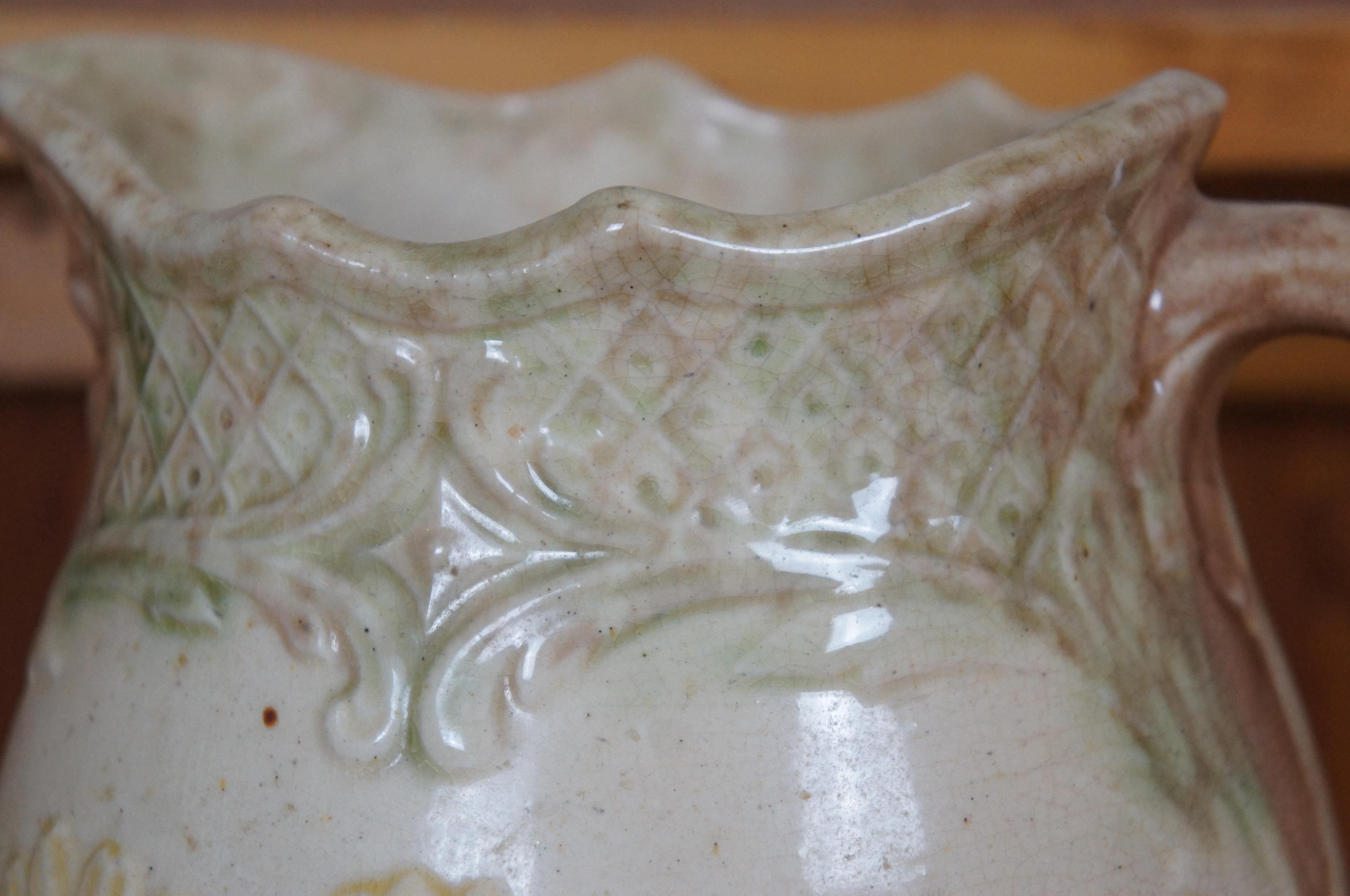 Antique Art Nouveau Majolica Green Man Face & Daisies Water Jug Pitcher 9