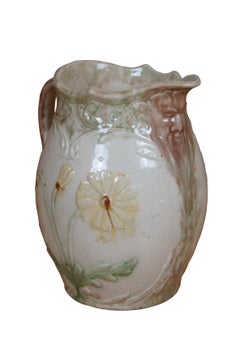 Antique Art Nouveau Majolica Green Man Face & Daisies Water Jug Pitcher 9"