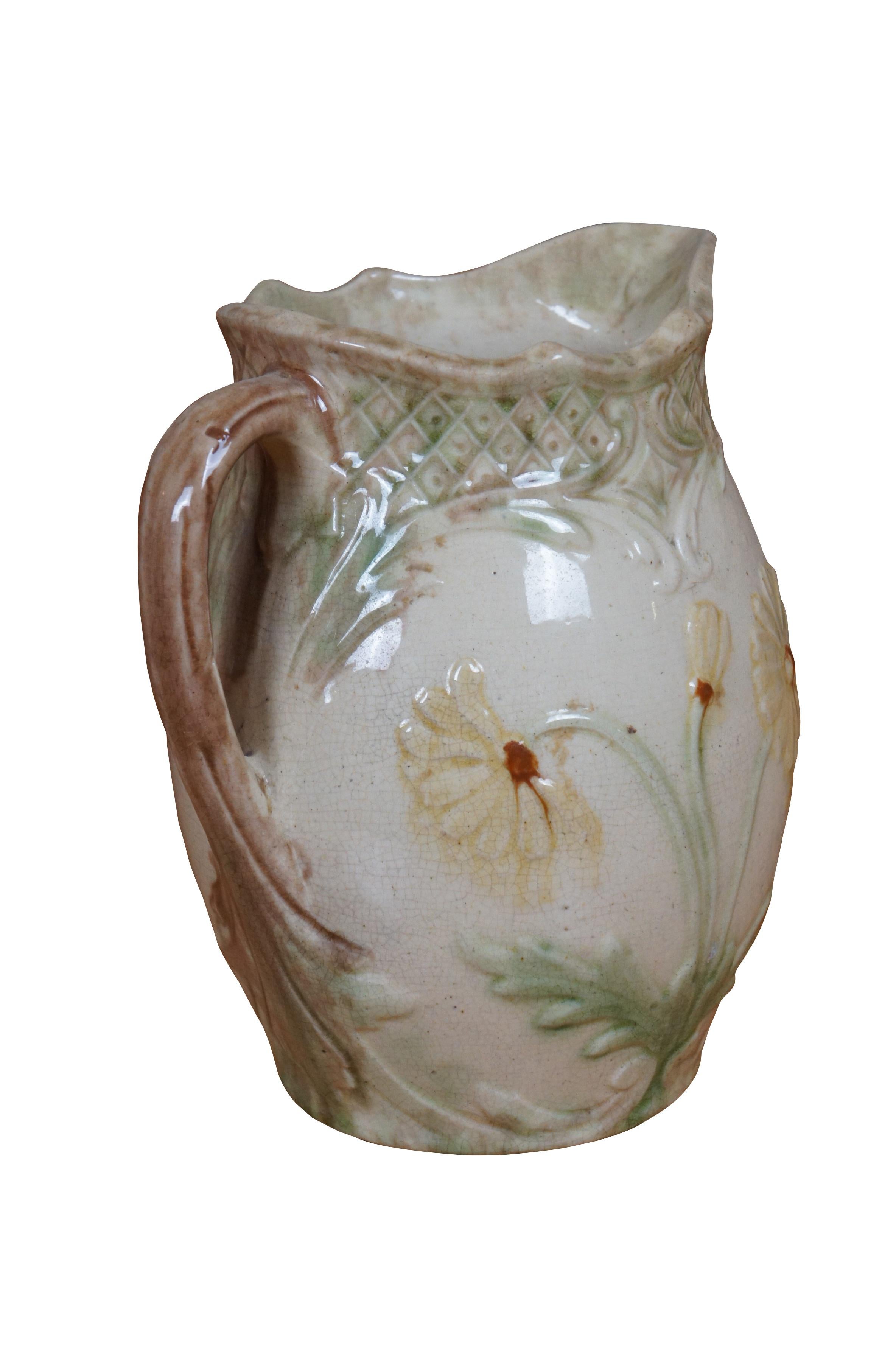 Victorian Antique Art Nouveau Majolica Green Man Face & Daisies Water Jug Pitcher 9