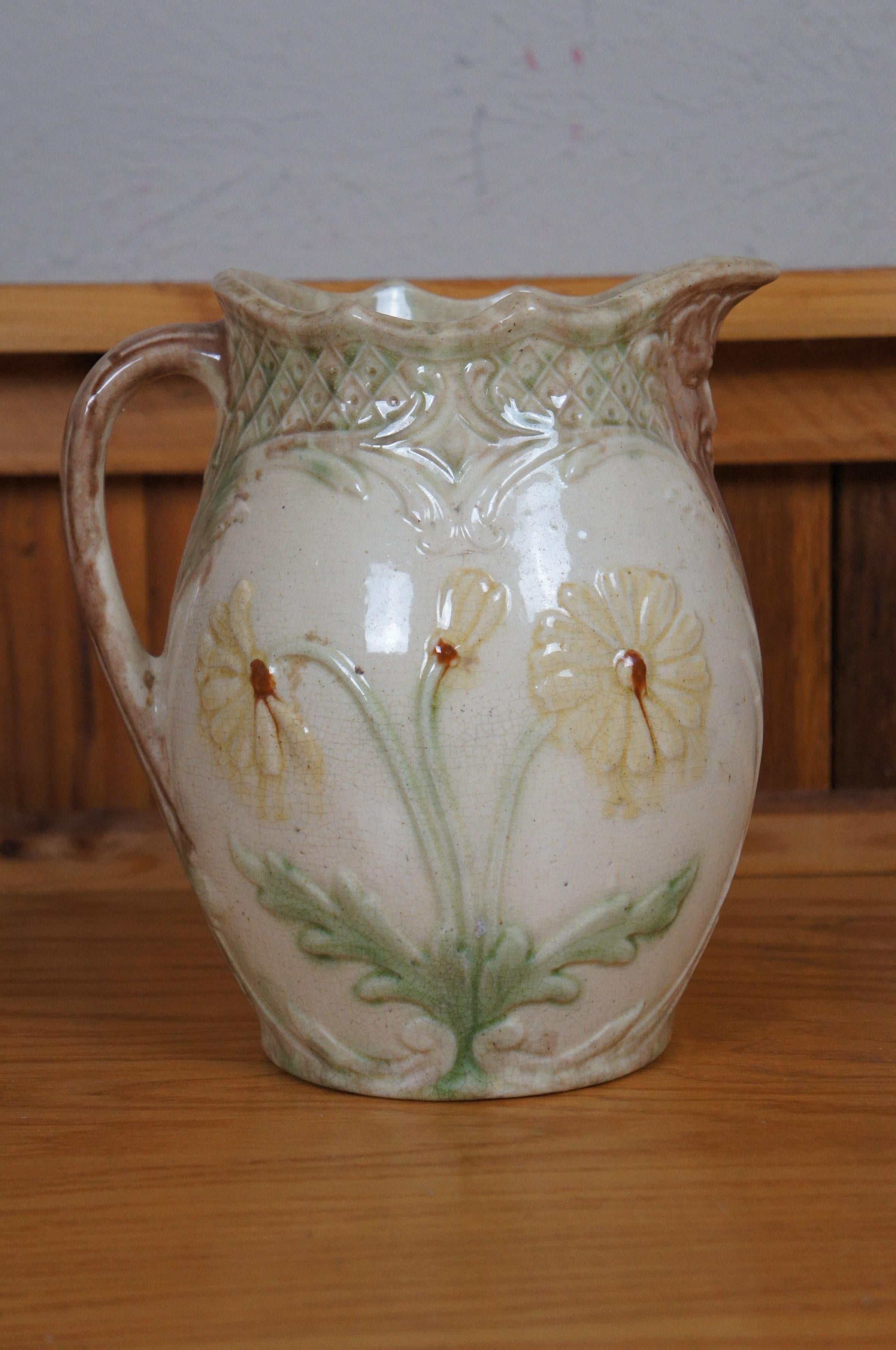 Antique Art Nouveau Majolica Green Man Face & Daisies Water Jug Pitcher 9
