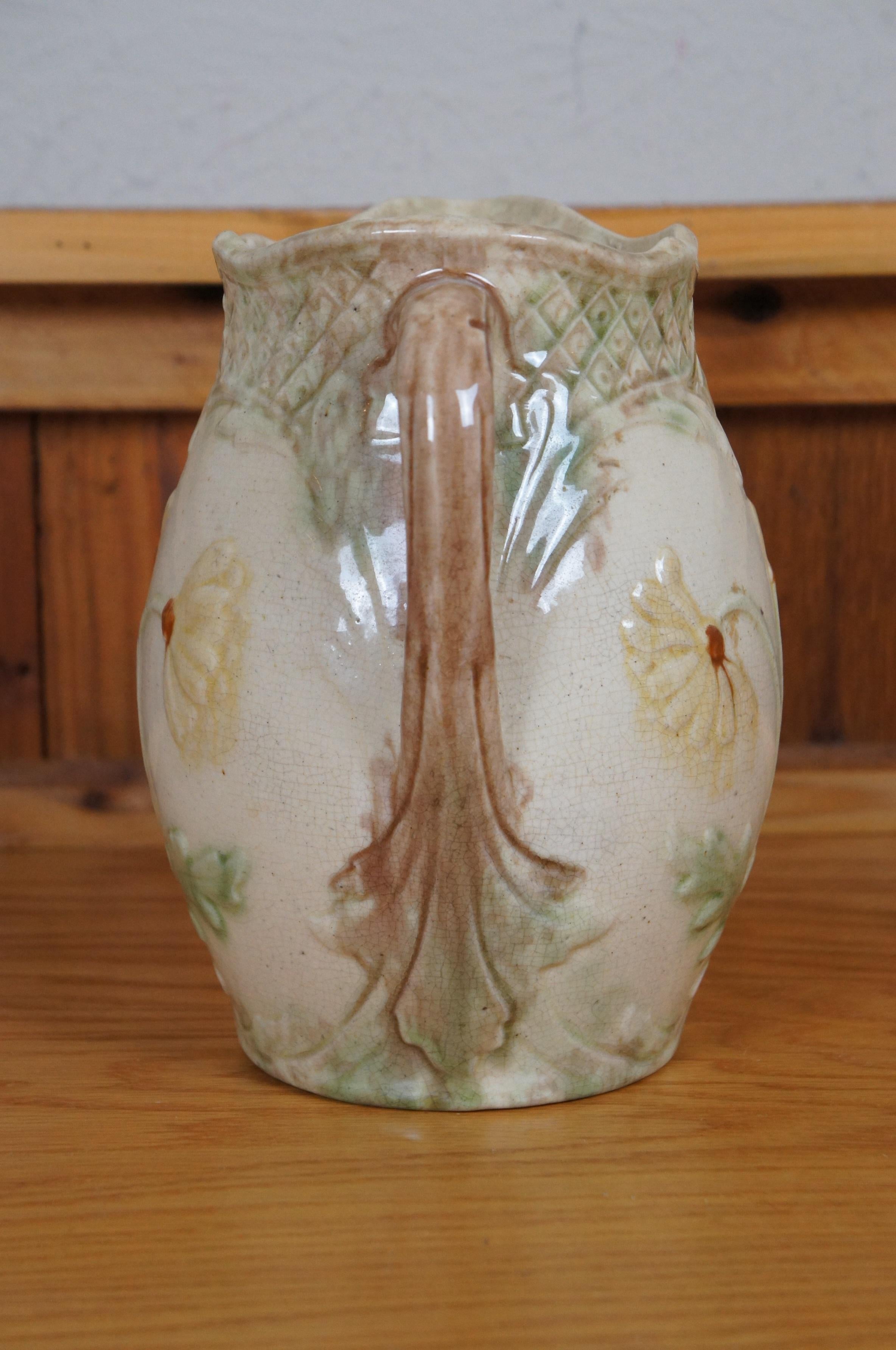 19th Century Antique Art Nouveau Majolica Green Man Face & Daisies Water Jug Pitcher 9