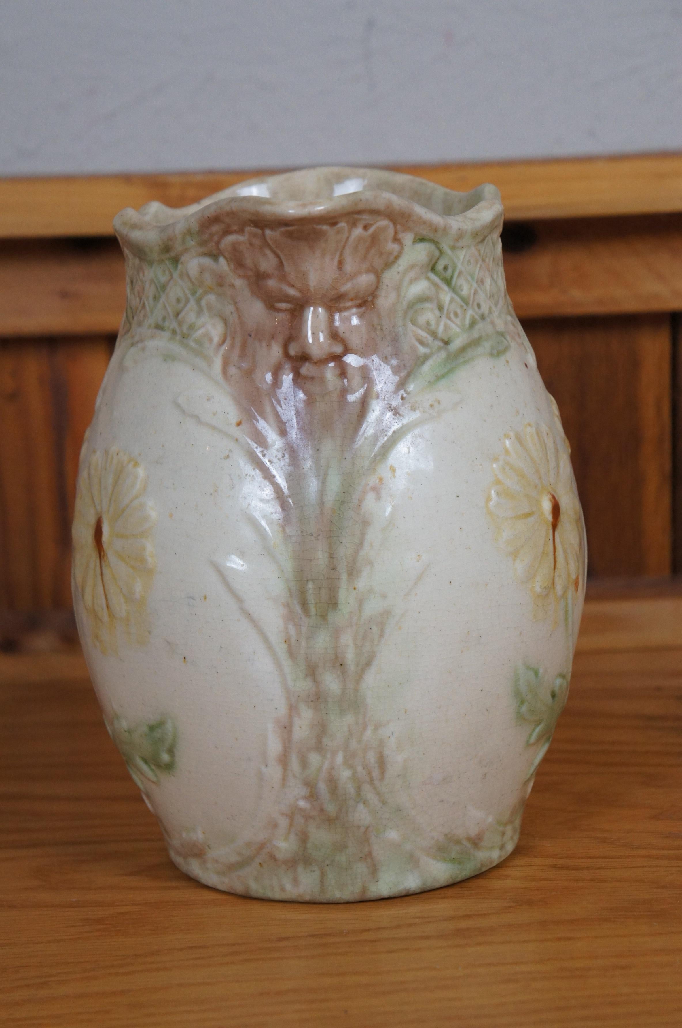 Antique Art Nouveau Majolica Green Man Face & Daisies Water Jug Pitcher 9