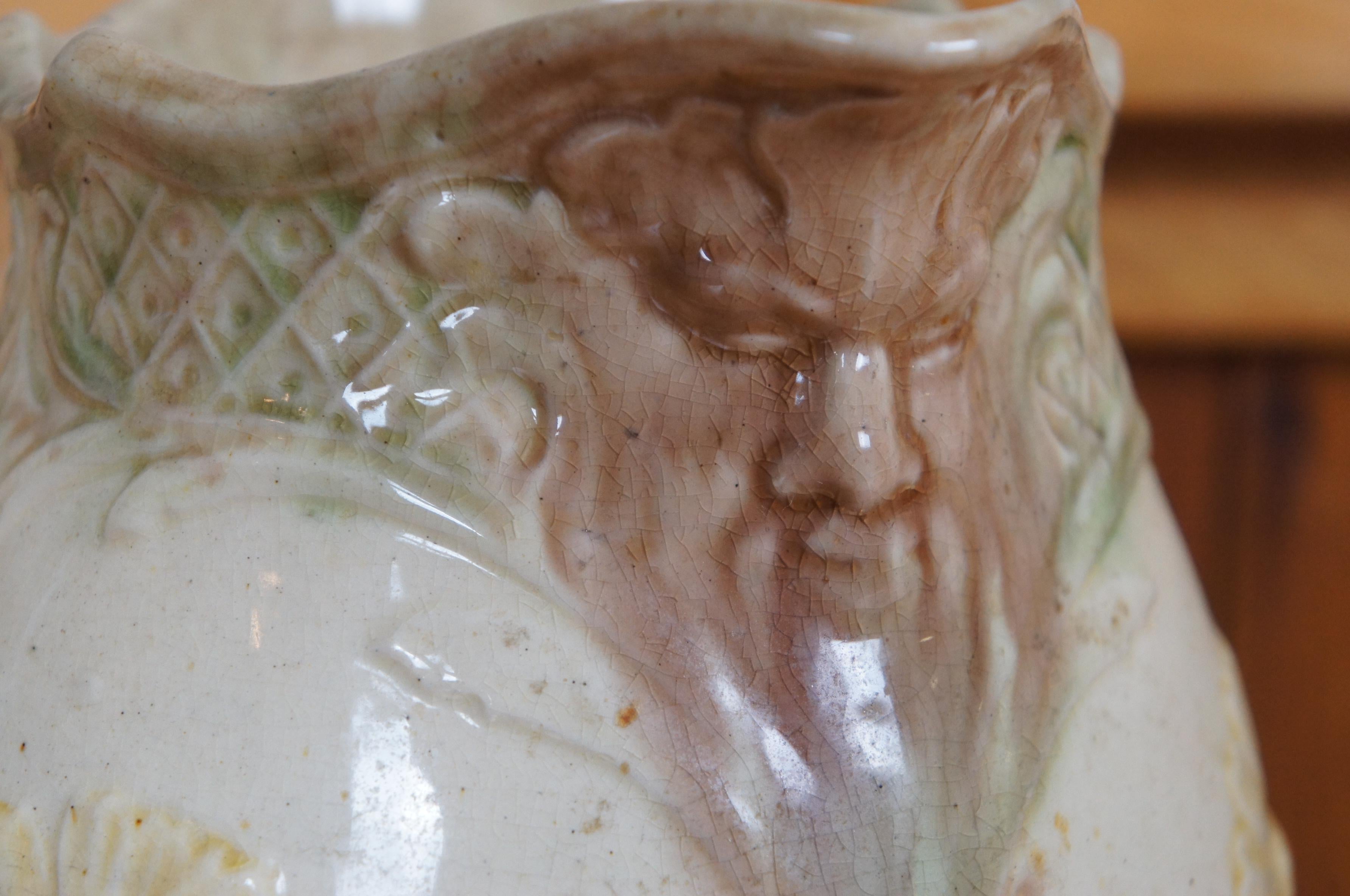 Antique Art Nouveau Majolica Green Man Face & Daisies Water Jug Pitcher 9