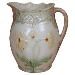 Antique Art Nouveau Majolica Green Man Face & Daisies Water Jug Pitcher 9"