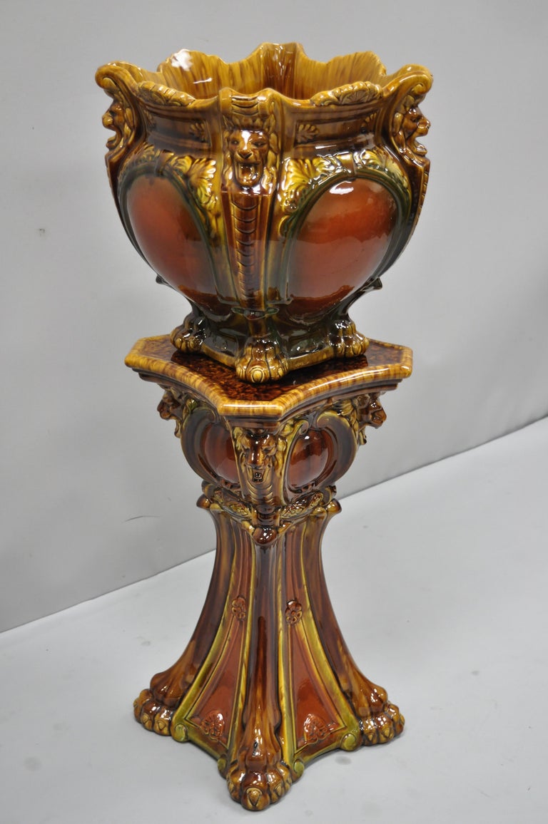 Antique Art Nouveau Majolica Urn Planter Jardiniere on Pedestal Base
