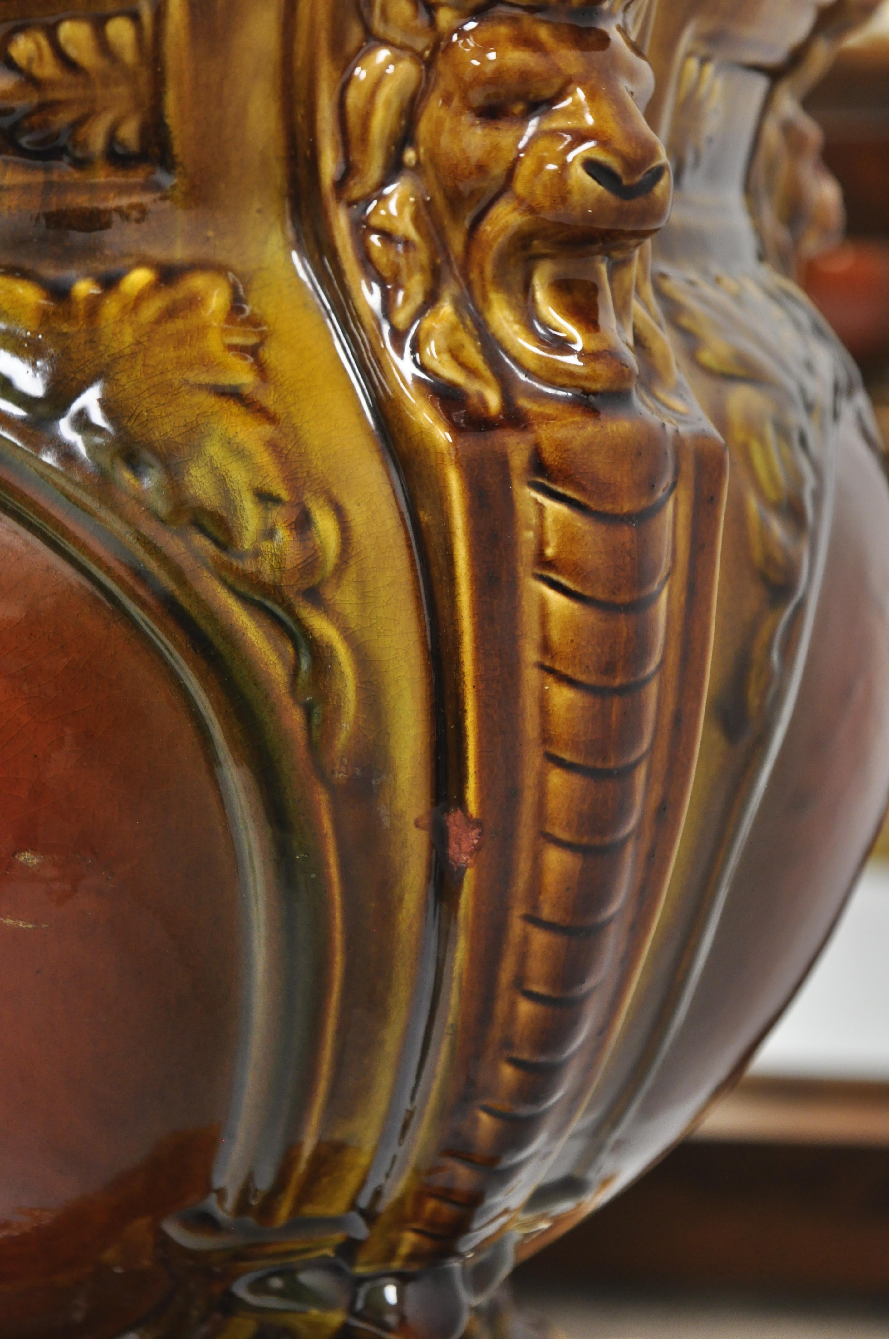 Antique Art Nouveau Majolica Urn Planter Jardiniere on Pedestal Base Stand In Good Condition In Philadelphia, PA