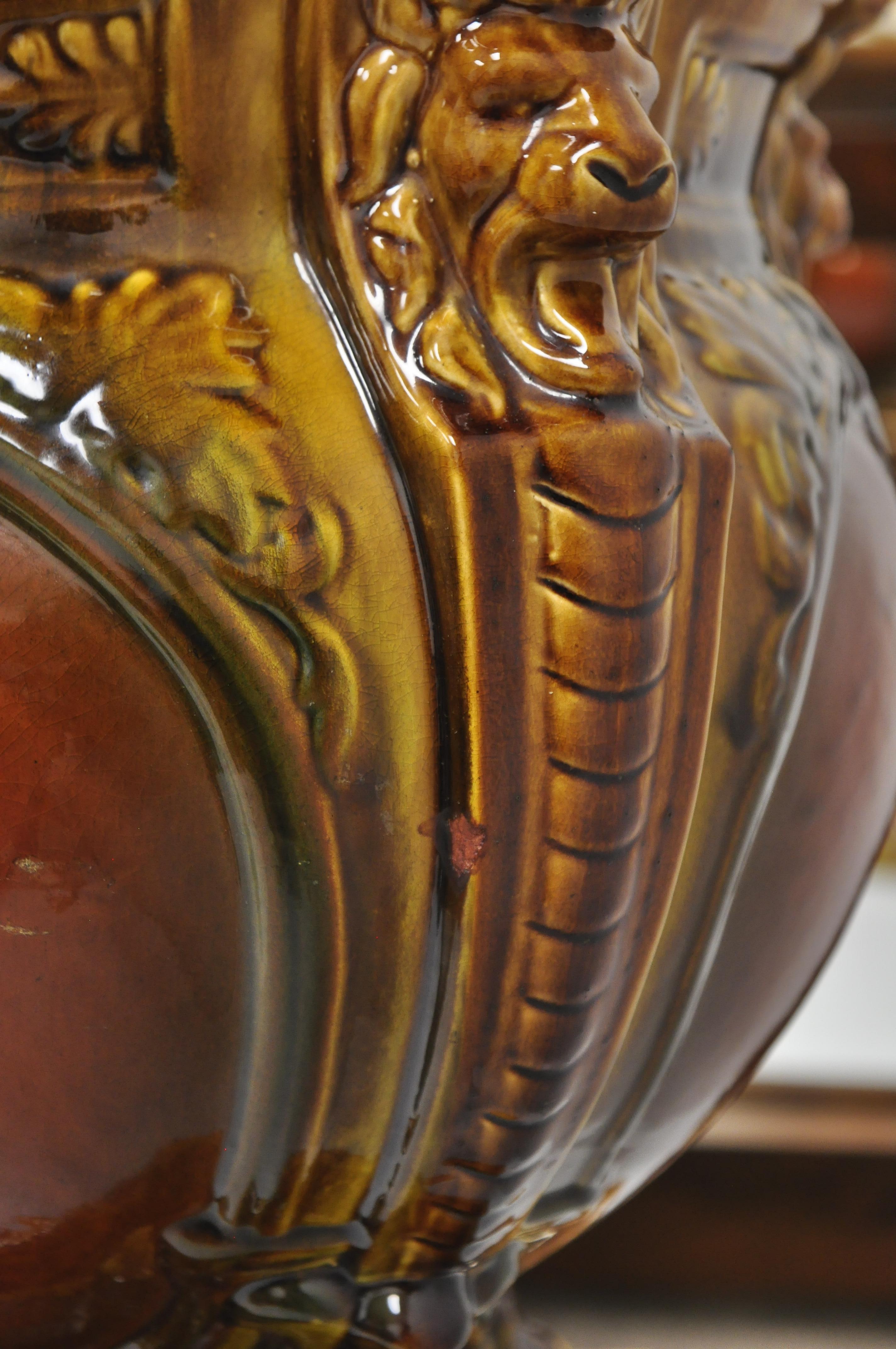 Porcelaine Antique Art Nouveau Majolica Urne Planter Jardiniere sur Base Piédestal Stand