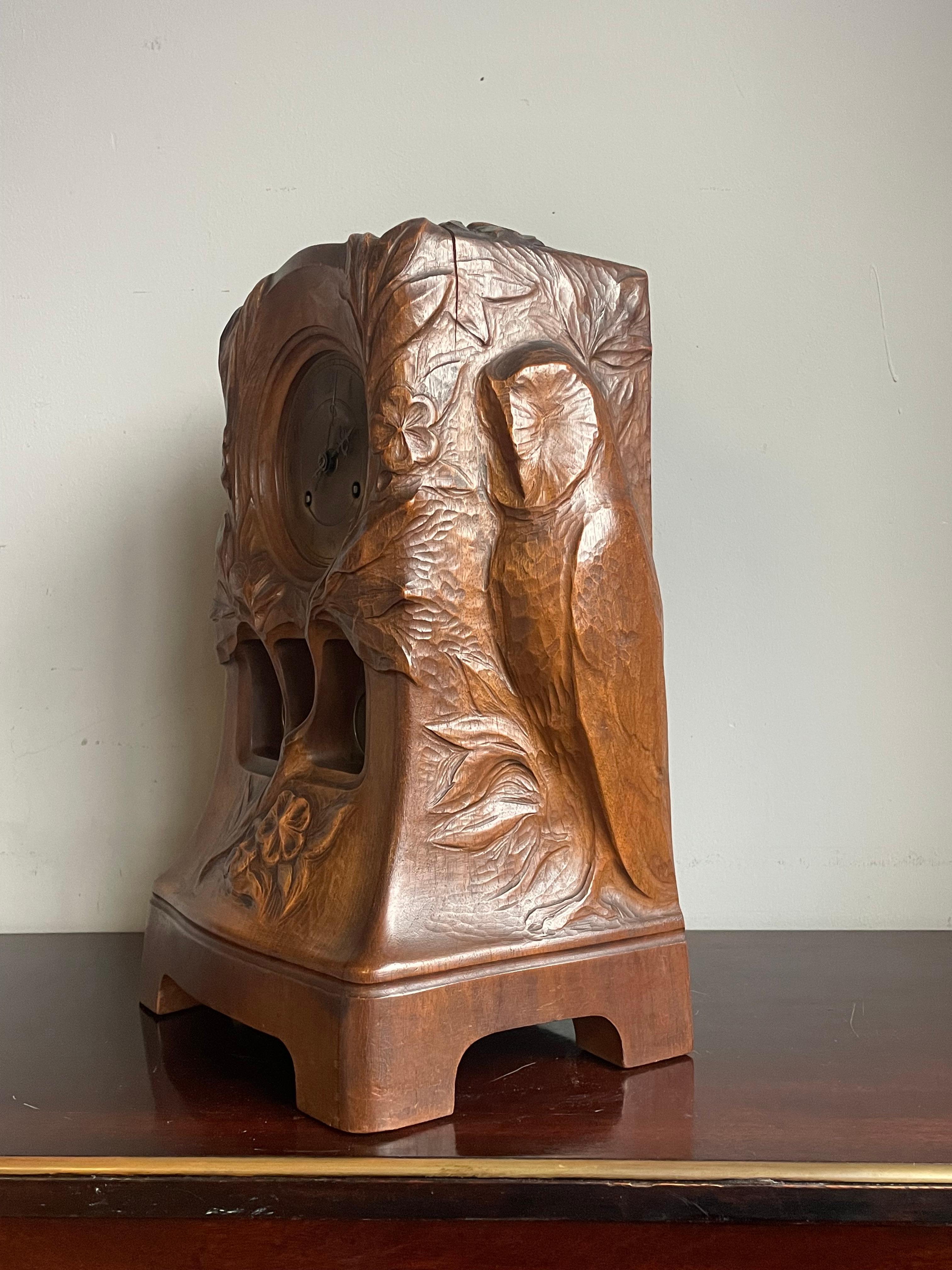 Antique Art Nouveau Mantel Clock w. Owl & Bird's Nest Sculpture By Emile Bernaux 2