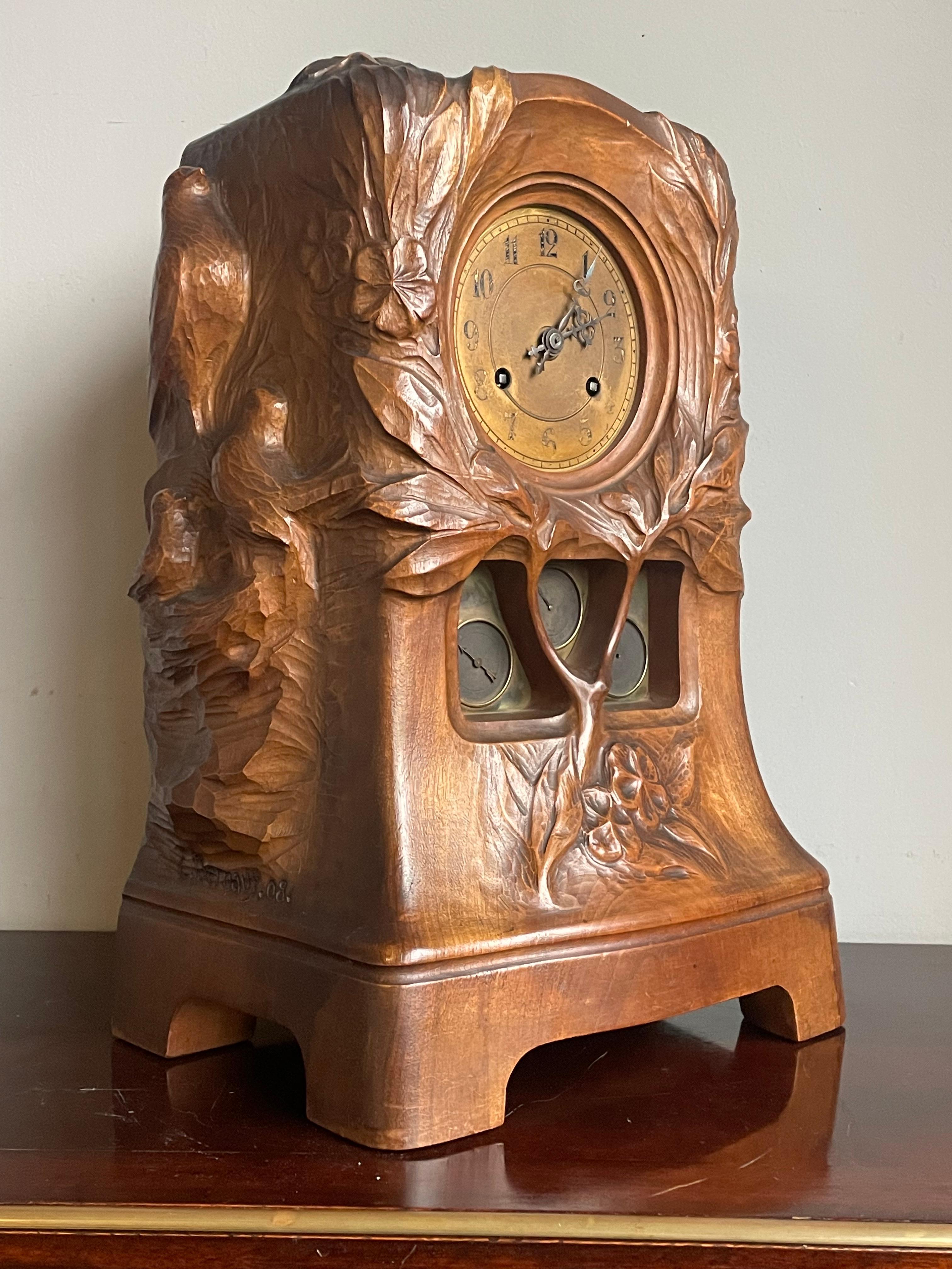 Antique Art Nouveau Mantel Clock w. Owl & Bird's Nest Sculpture By Emile Bernaux 3