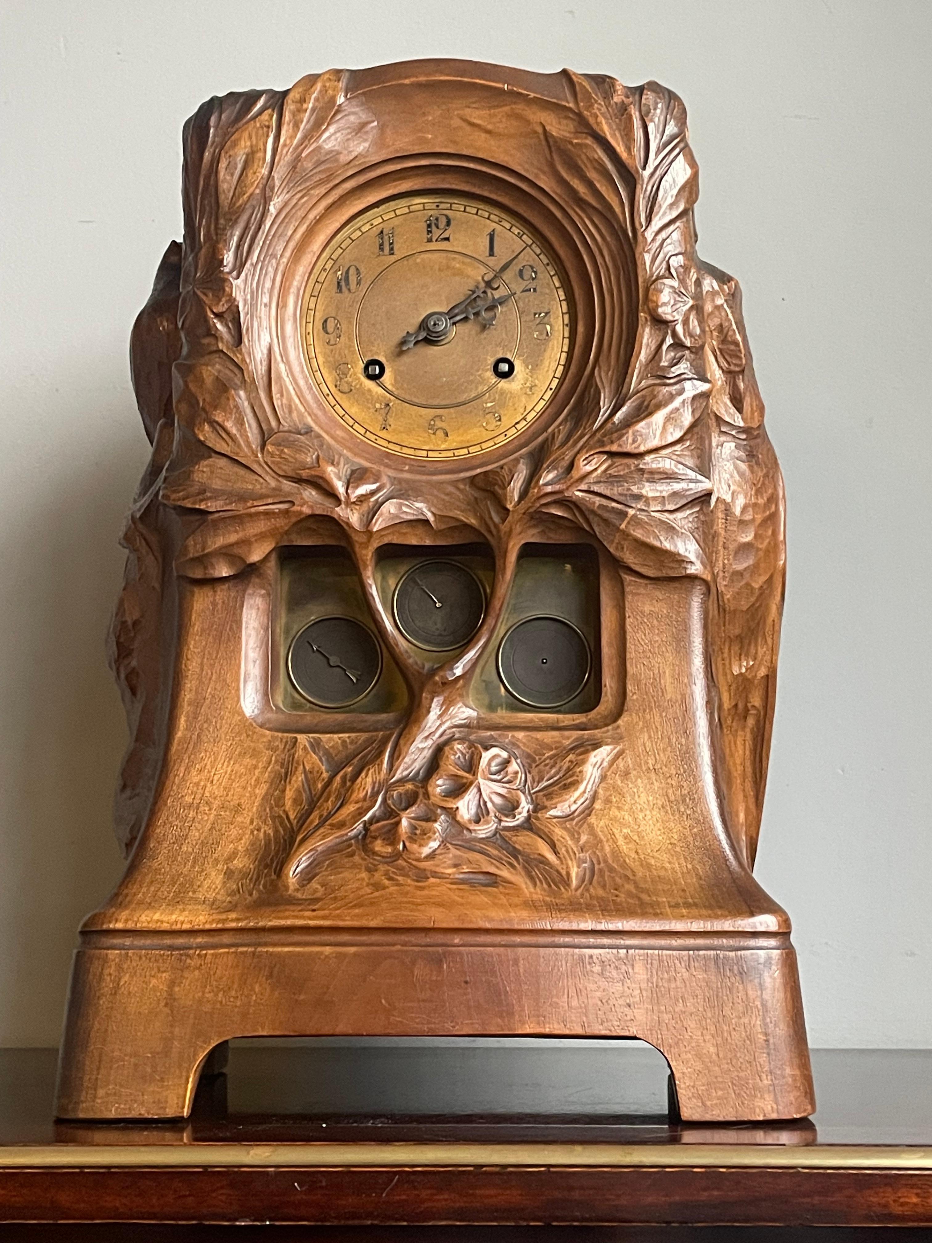 Antique Art Nouveau Mantel Clock w. Owl & Bird's Nest Sculpture By Emile Bernaux 4