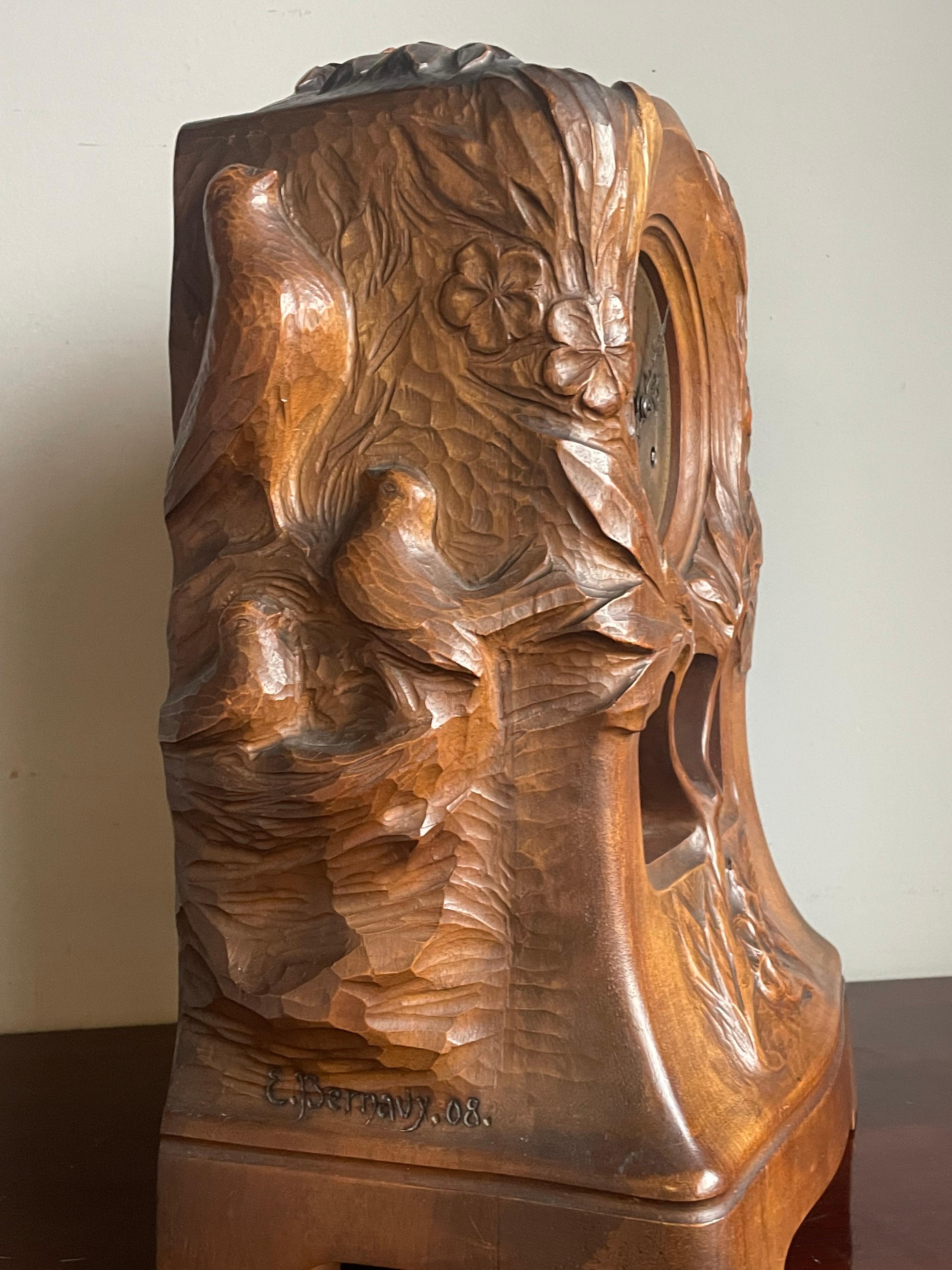 Antique Art Nouveau Mantel Clock w. Owl & Bird's Nest Sculpture By Emile Bernaux 12
