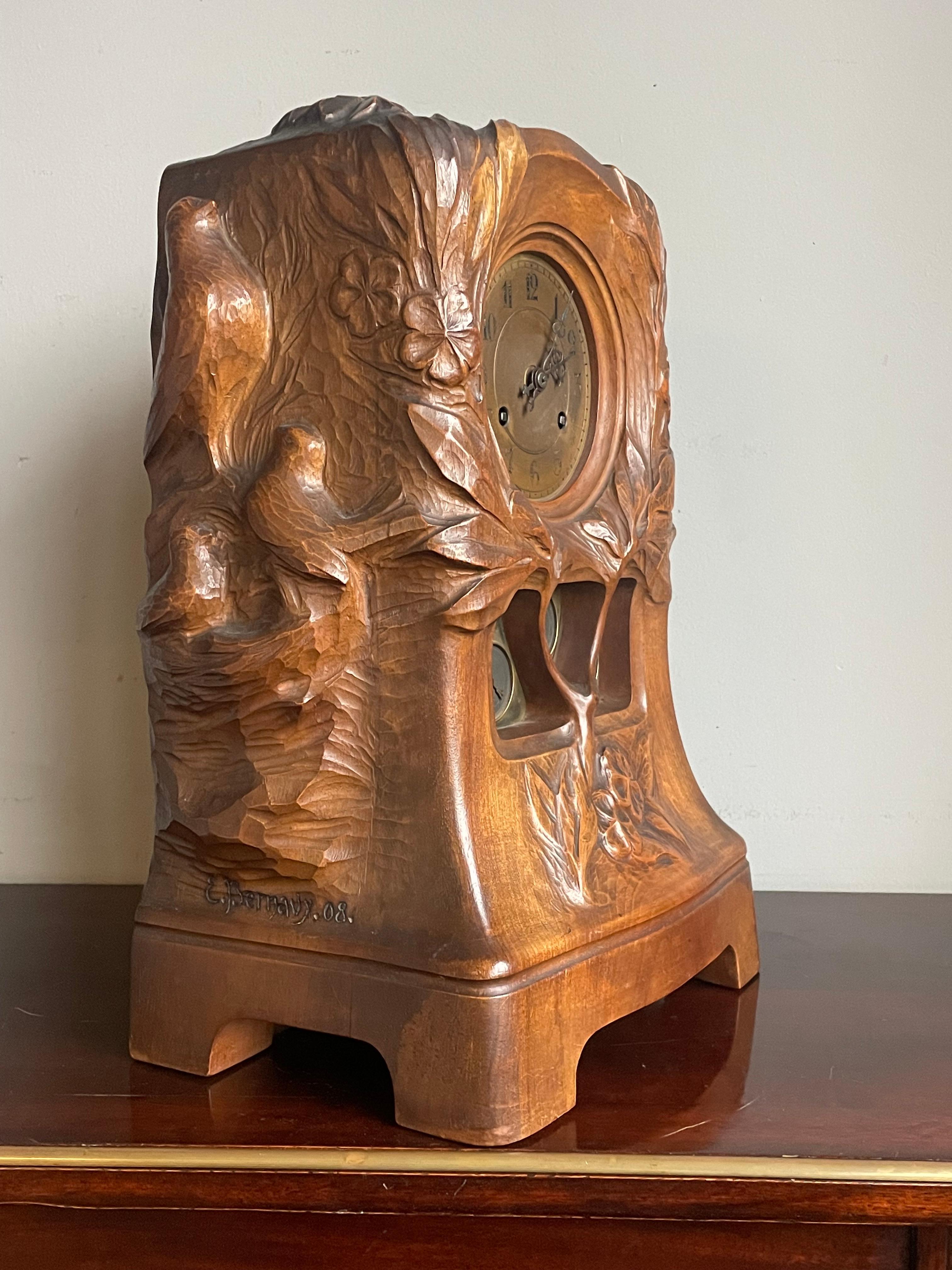 Arts and Crafts Antique Art Nouveau Mantel Clock w. Owl & Bird's Nest Sculpture By Emile Bernaux