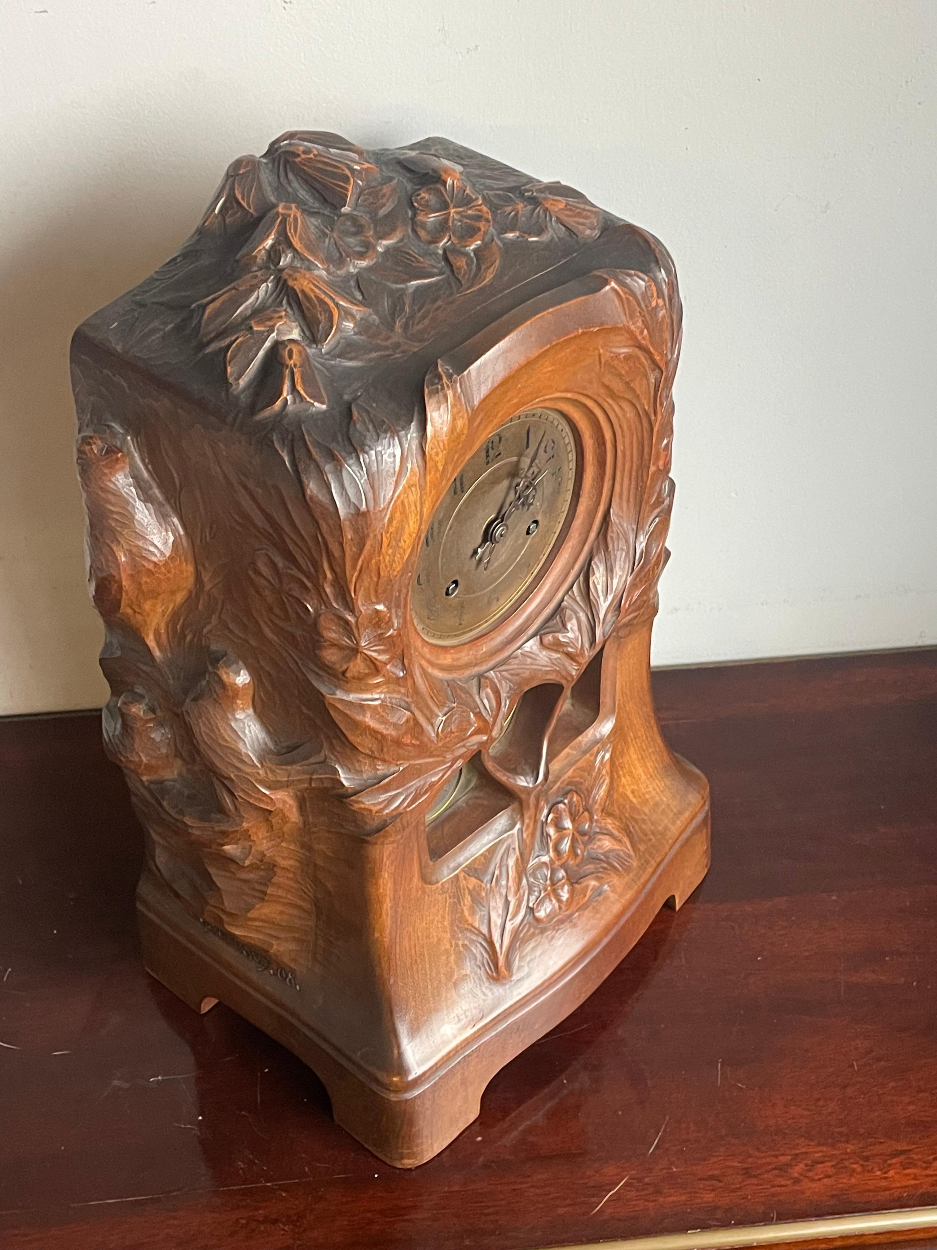 French Antique Art Nouveau Mantel Clock w. Owl & Bird's Nest Sculpture By Emile Bernaux