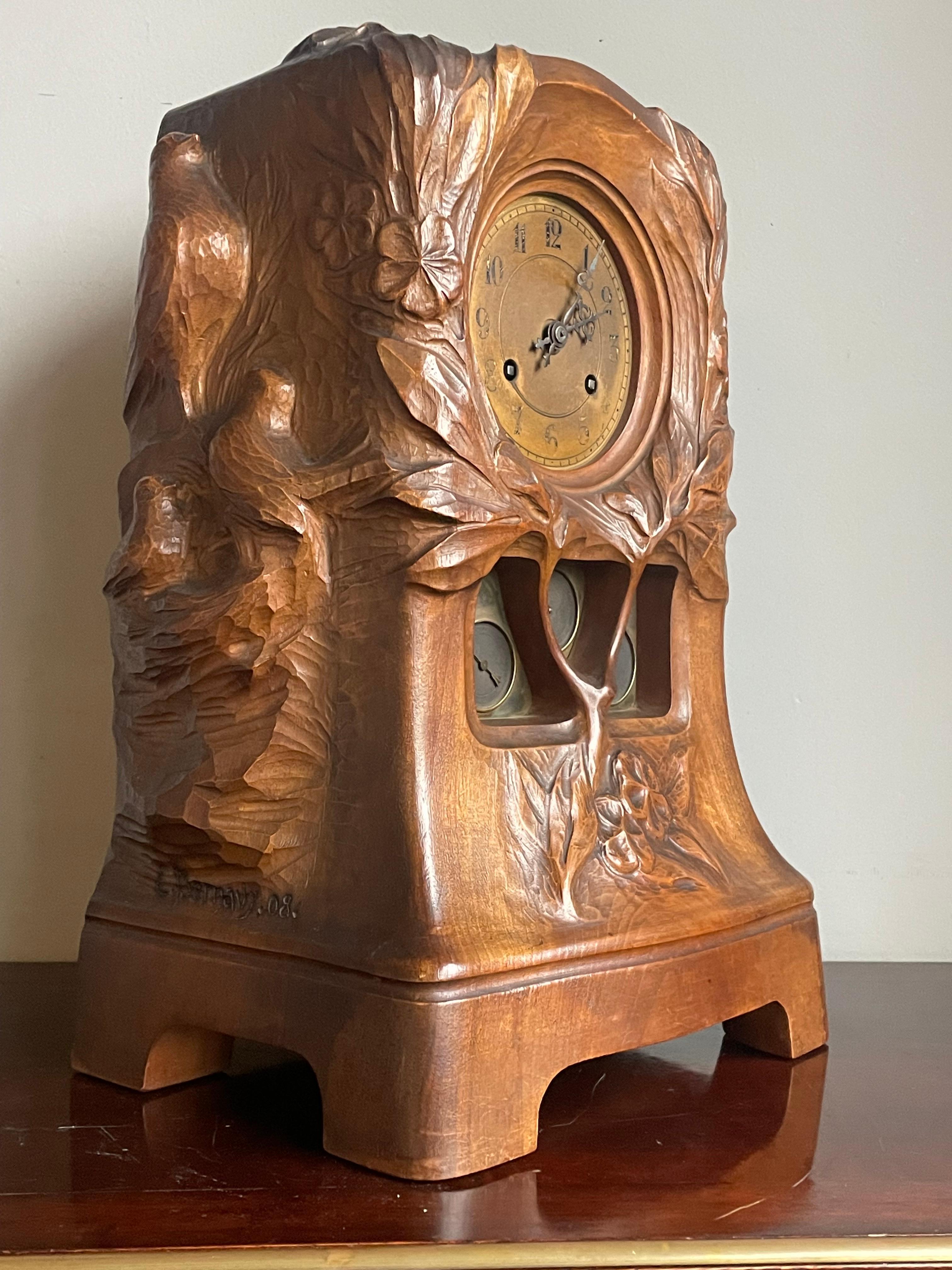 Cast Antique Art Nouveau Mantel Clock w. Owl & Bird's Nest Sculpture By Emile Bernaux