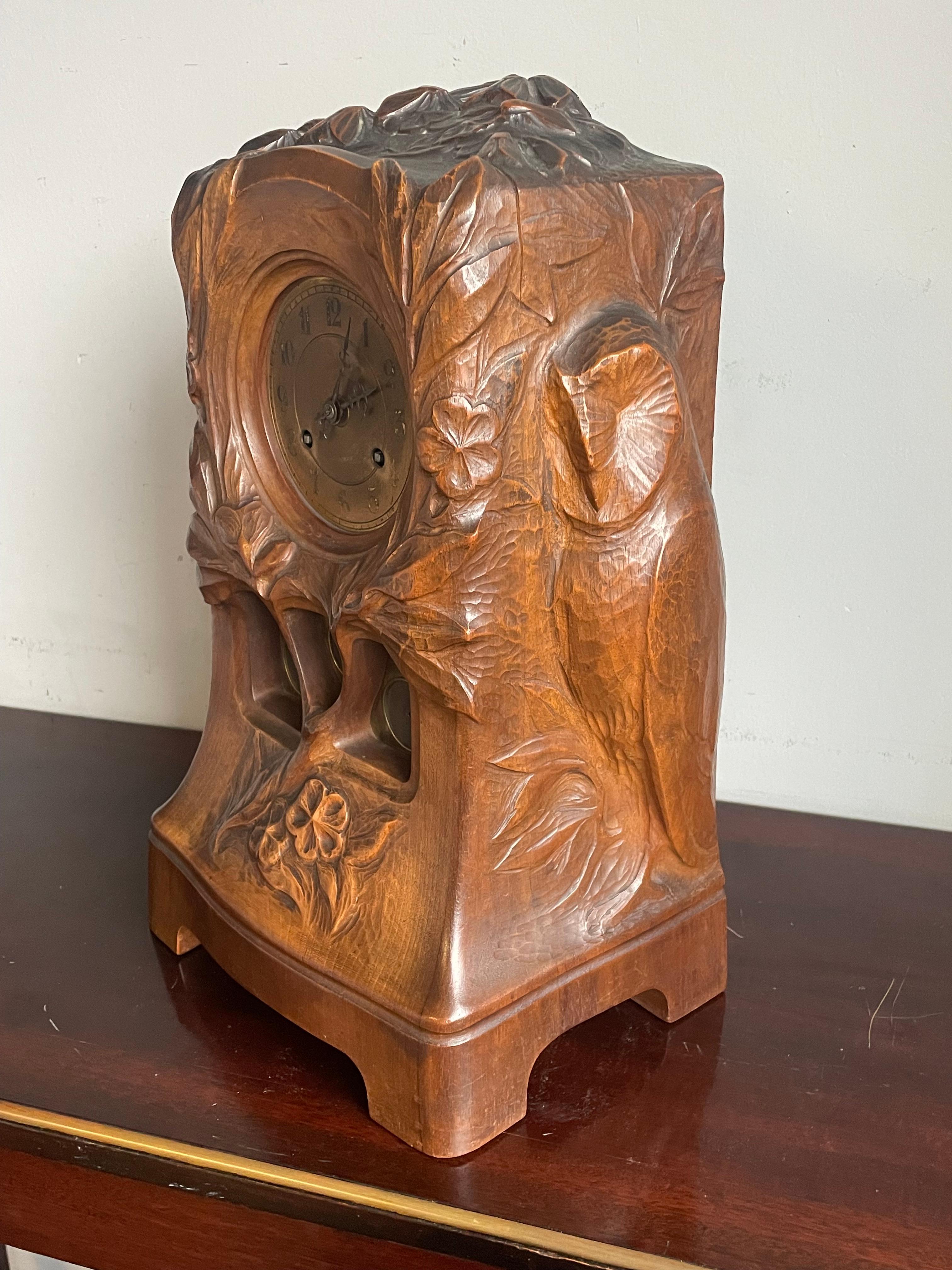 Early 20th Century Antique Art Nouveau Mantel Clock w. Owl & Bird's Nest Sculpture By Emile Bernaux