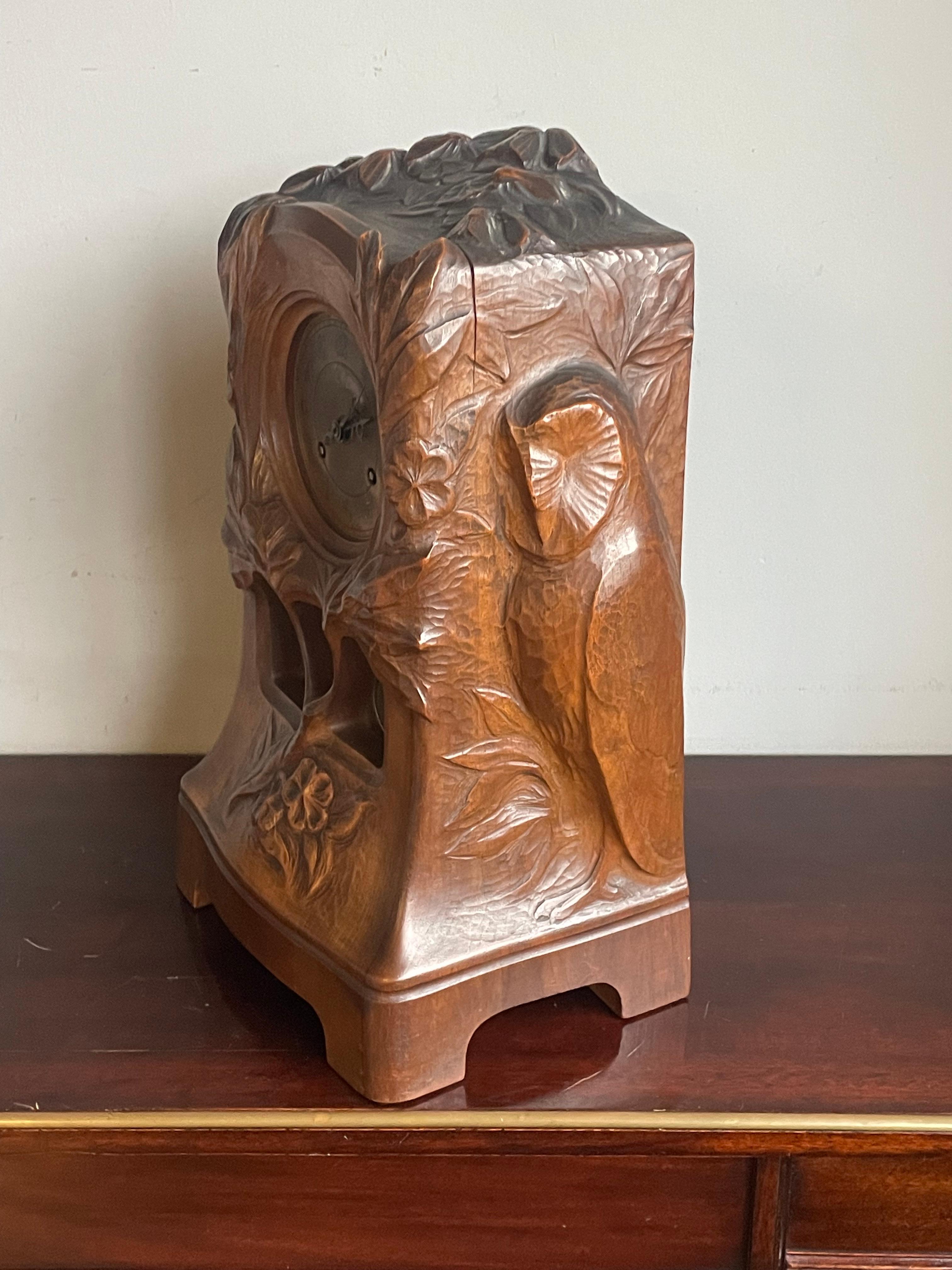 Oak Antique Art Nouveau Mantel Clock w. Owl & Bird's Nest Sculpture By Emile Bernaux