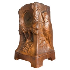 Antique Art Nouveau Mantel Clock w. Owl & Bird's Nest Sculpture By Emile Bernaux