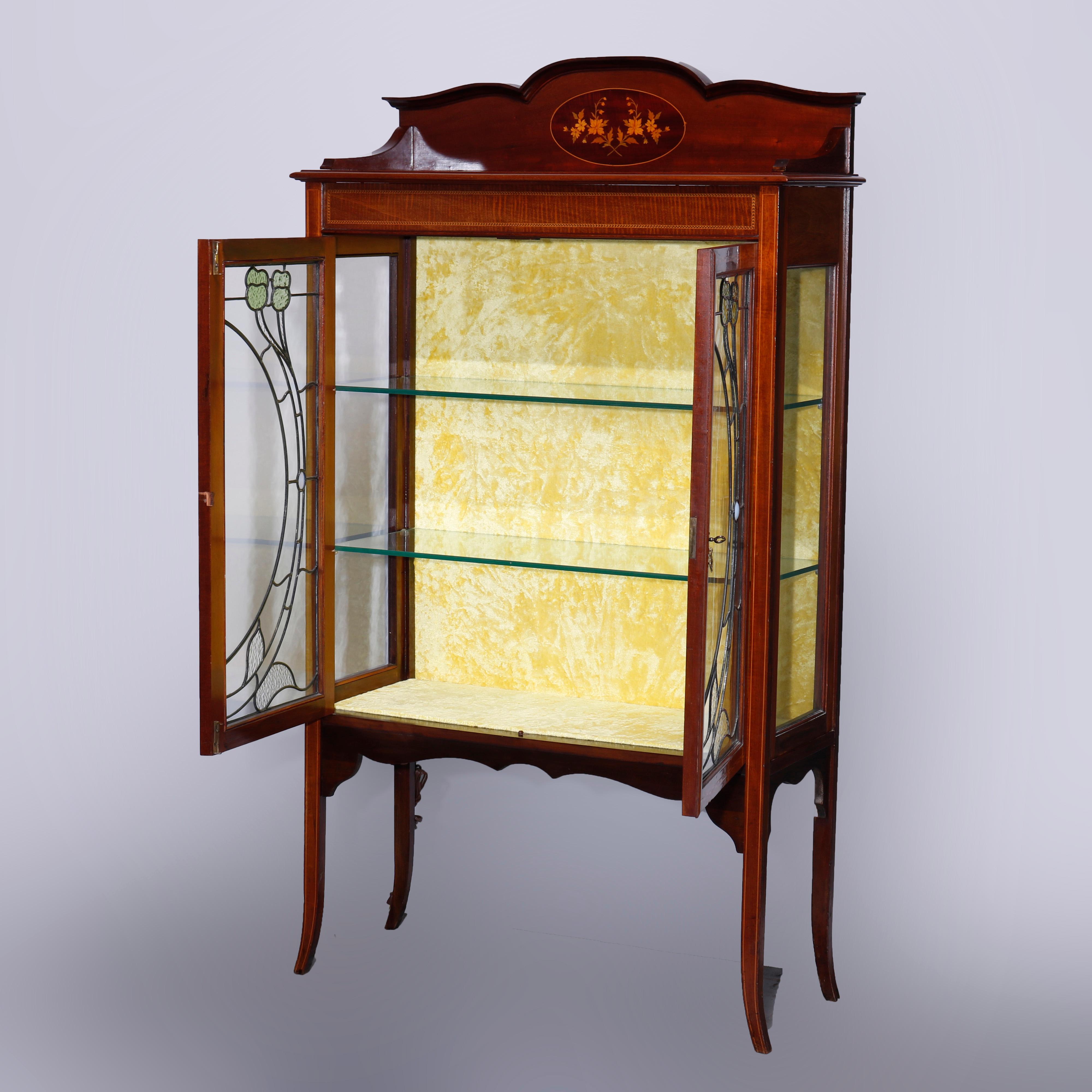 European Antique Art Nouveau Marquetry Inlaid Floral Leaded Glass China Cabinet, c1900