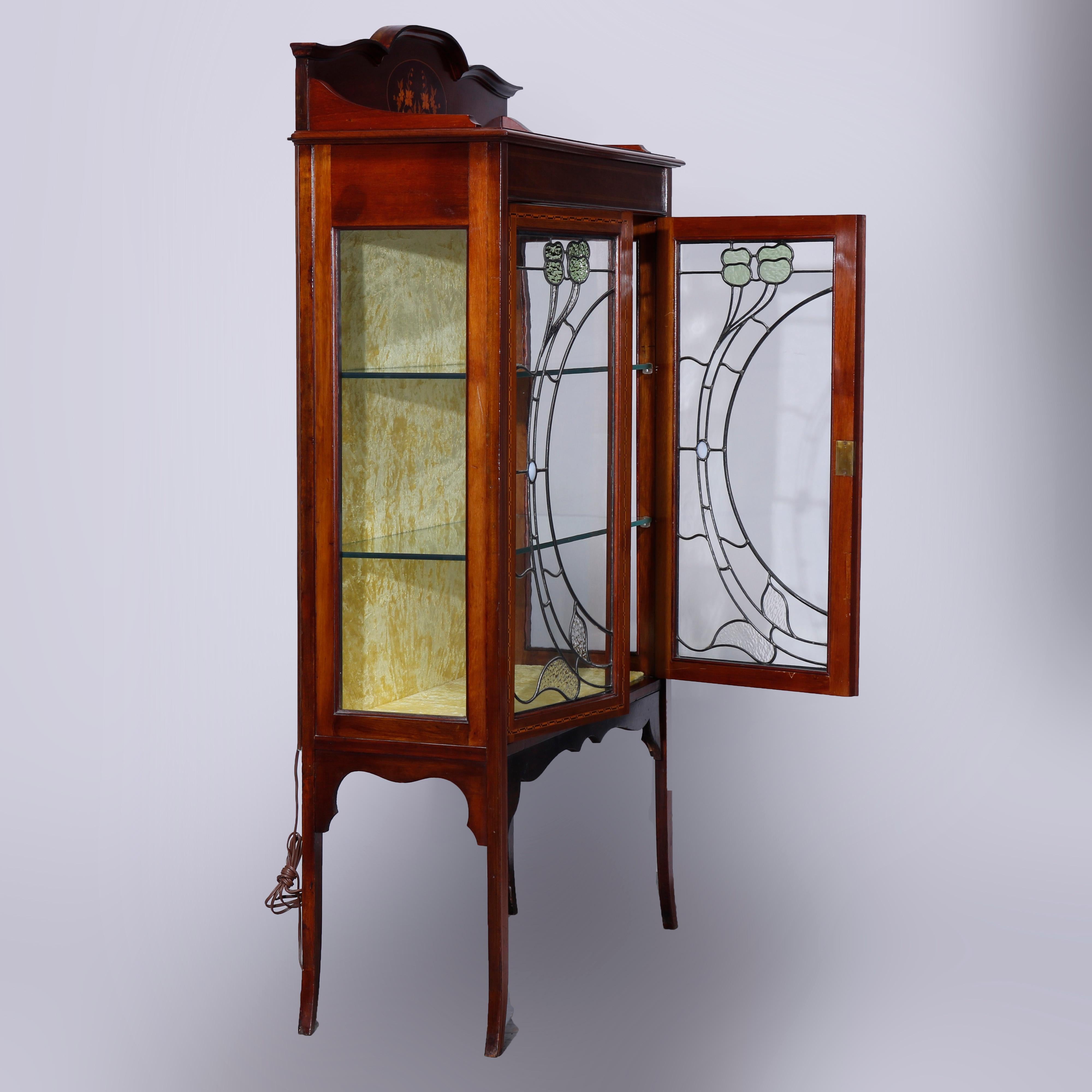 Ebonized Antique Art Nouveau Marquetry Inlaid Floral Leaded Glass China Cabinet, c1900
